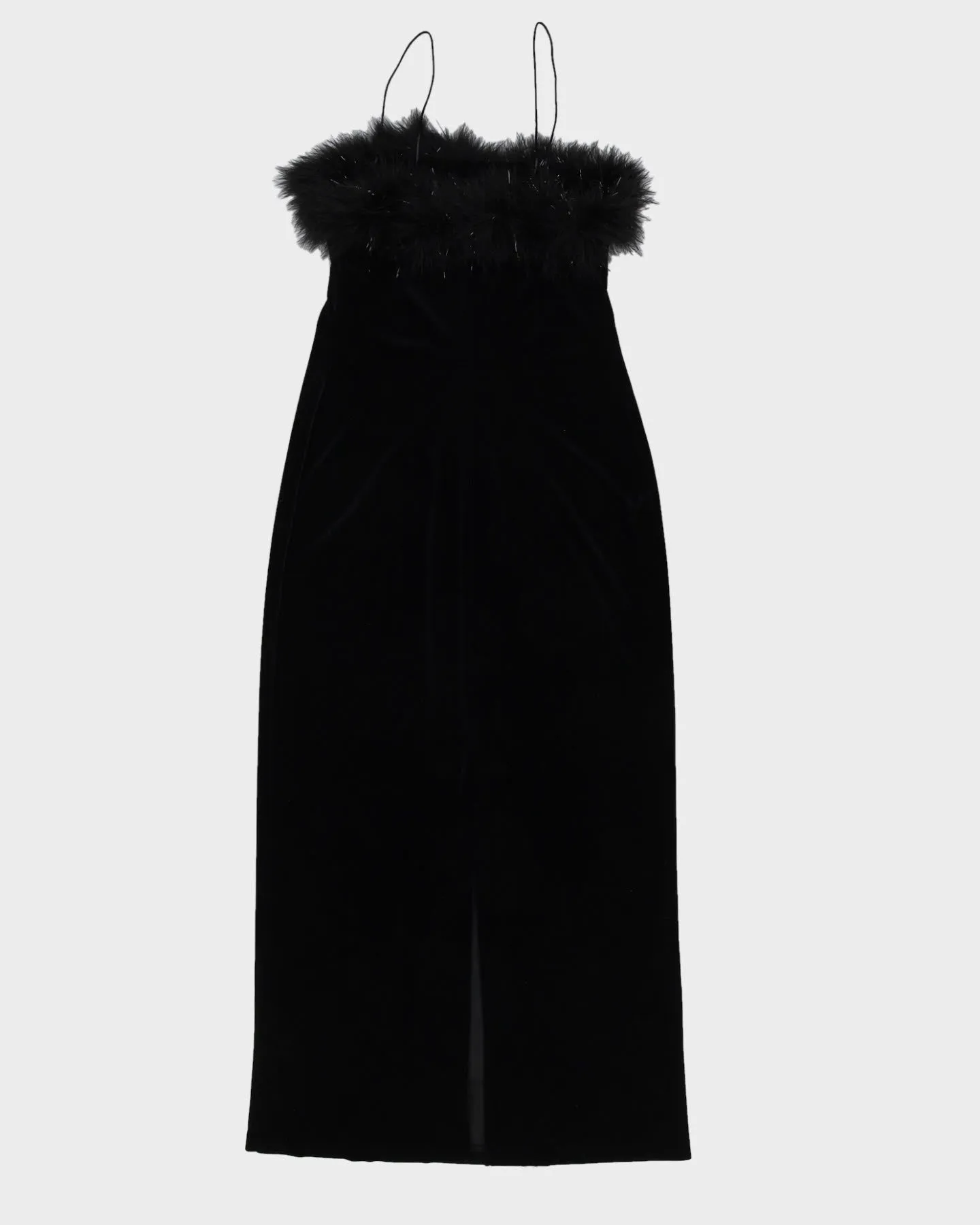 00s Black Velvet With Ostrich Feathers Dress - XS