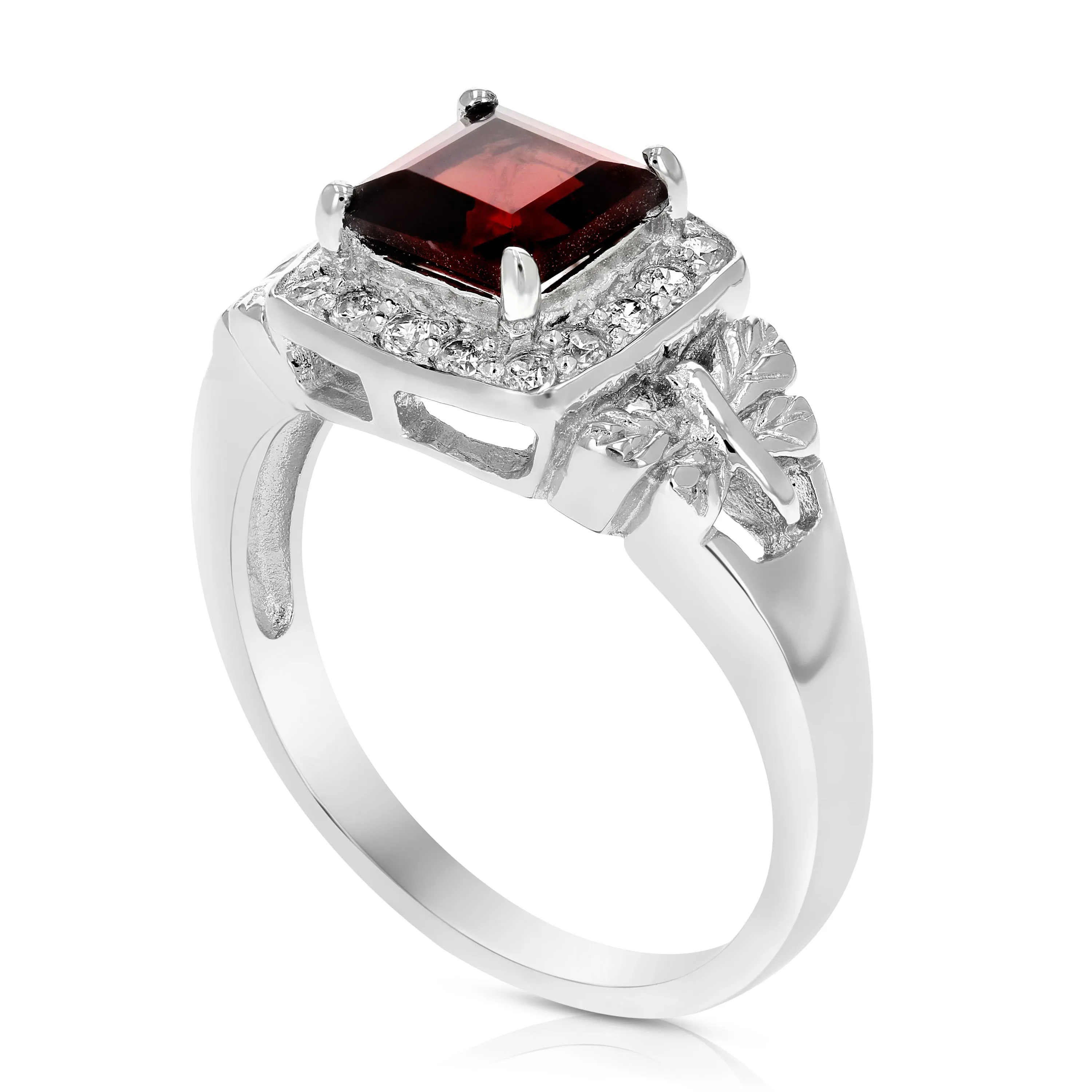 0.60 cttw Garnet Ring .925 Sterling Silver with Rhodium Princess Shape 5 MM