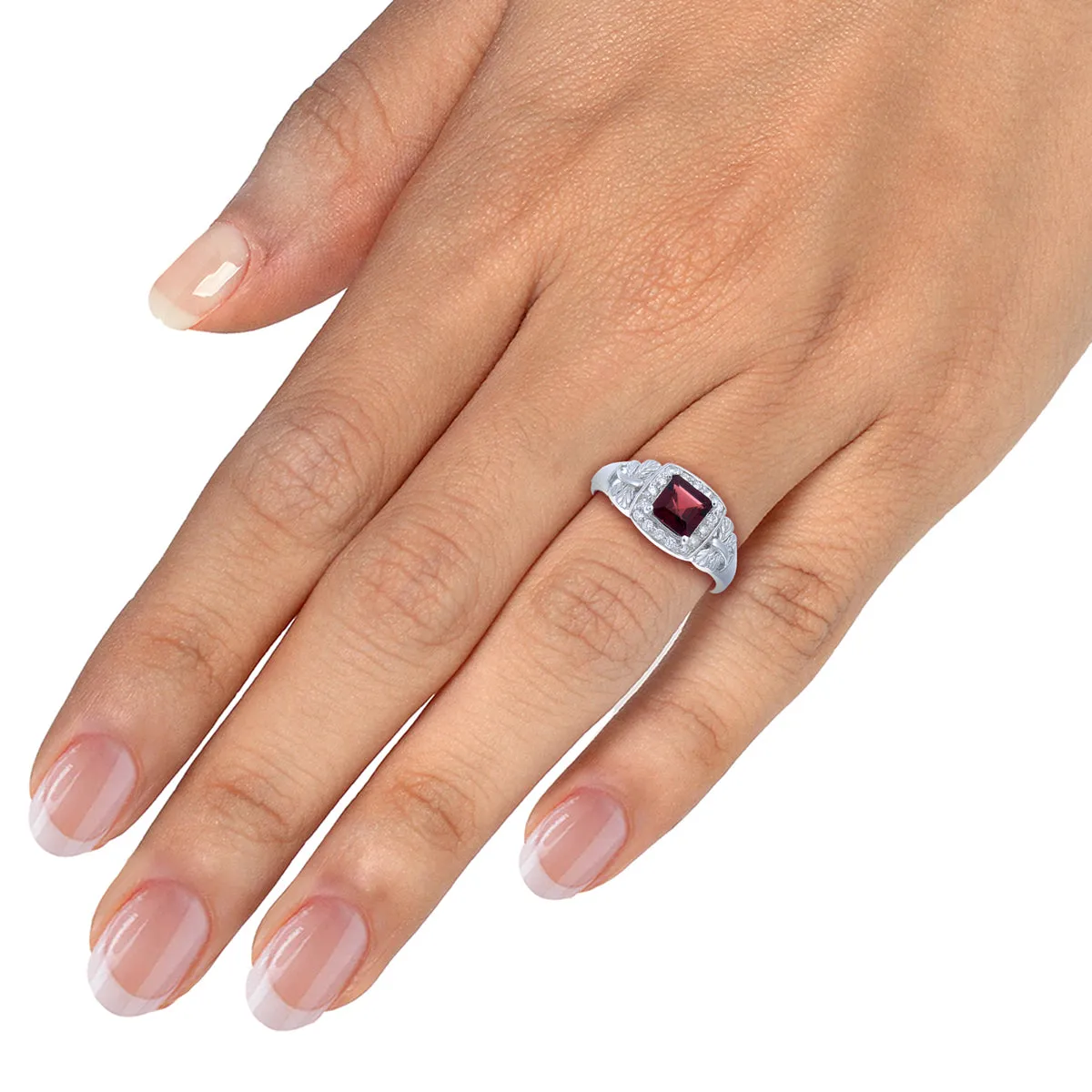 0.60 cttw Garnet Ring .925 Sterling Silver with Rhodium Princess Shape 5 MM