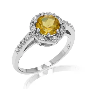 0.80 cttw 7 MM Round Halo Style Citrine Ring .925 Sterling Silver with Rhodium