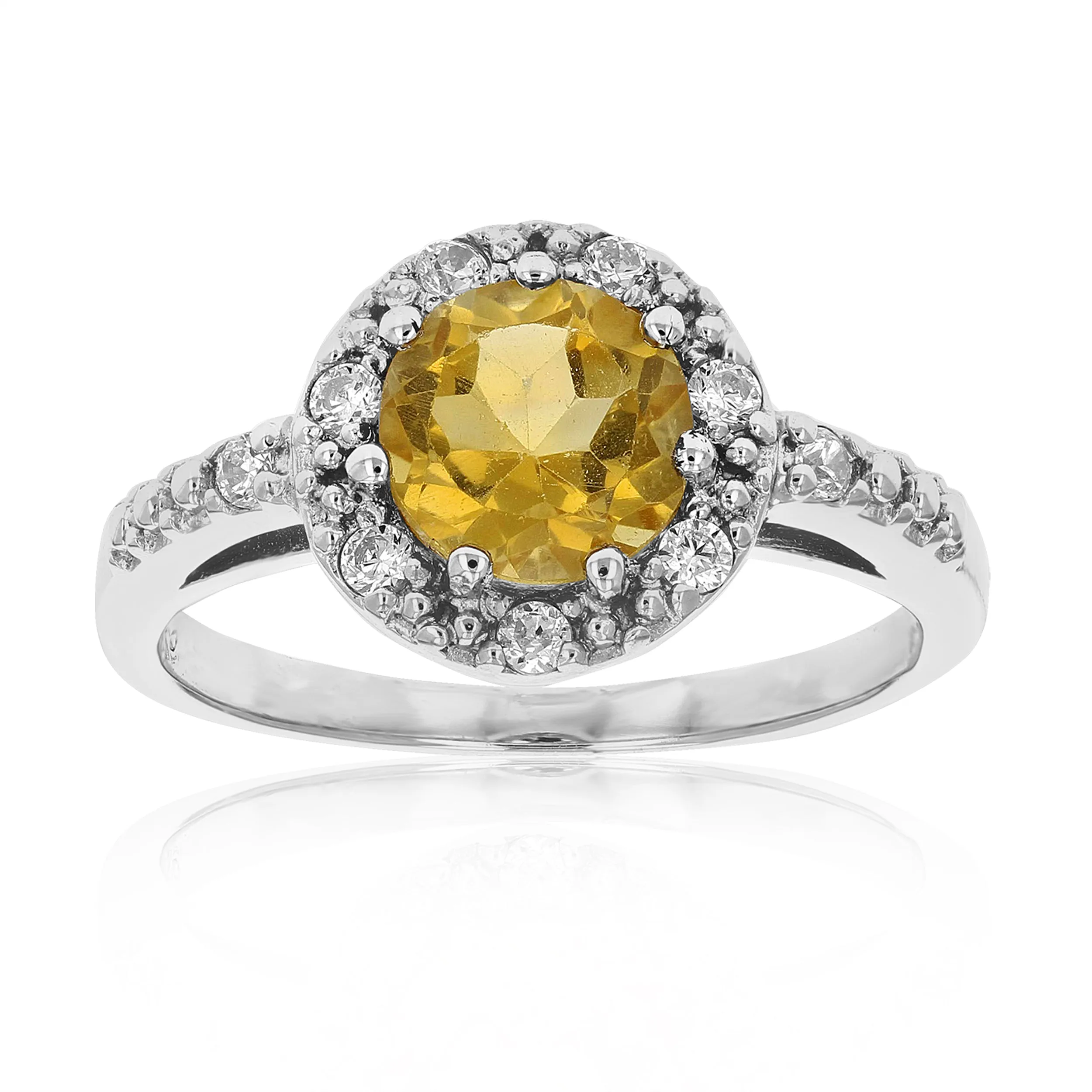 0.80 cttw 7 MM Round Halo Style Citrine Ring .925 Sterling Silver with Rhodium