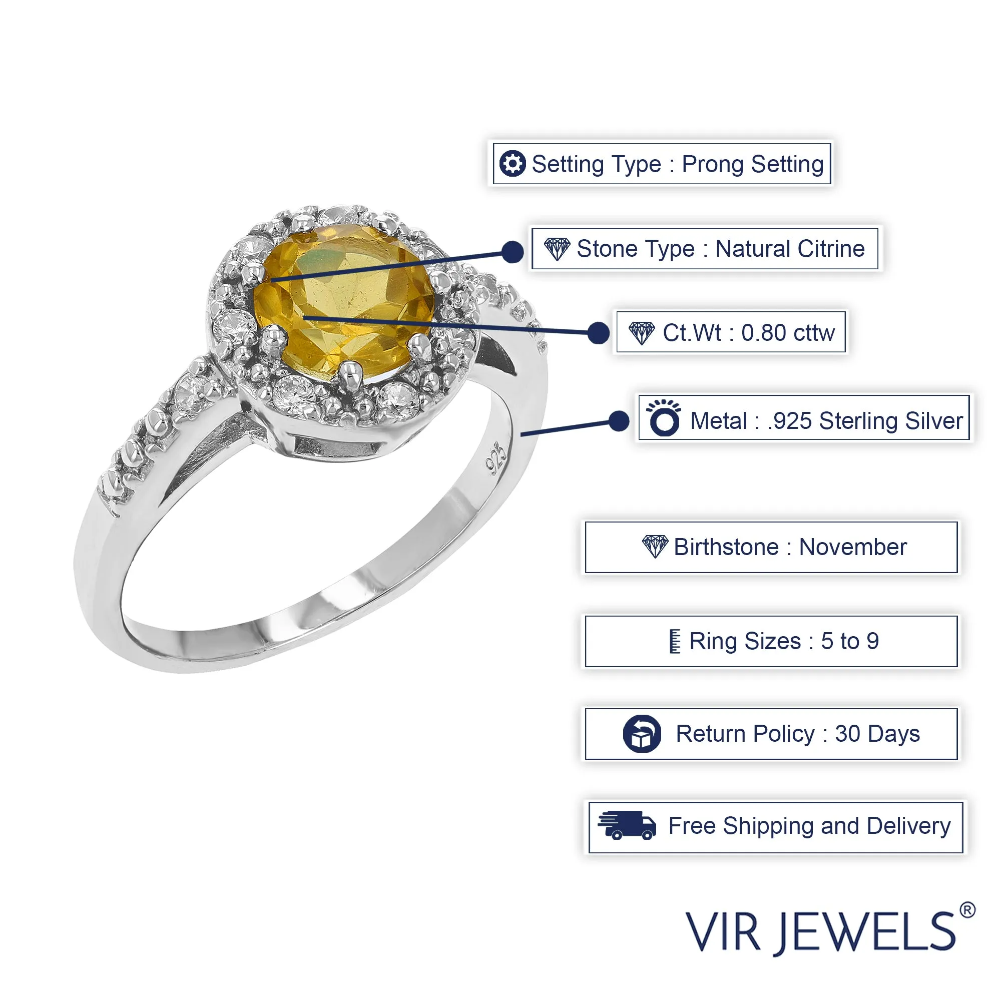 0.80 cttw 7 MM Round Halo Style Citrine Ring .925 Sterling Silver with Rhodium