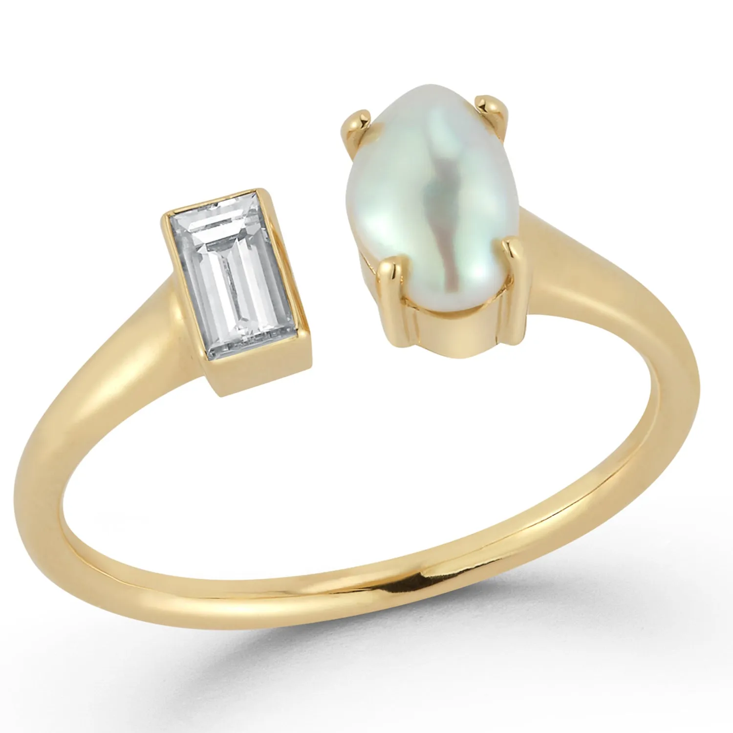 14k Yellow Gold Baroque Pearl and baguette diamond Two step open ring