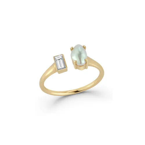 14k Yellow Gold Baroque Pearl and baguette diamond Two step open ring