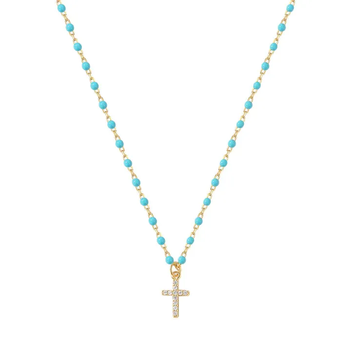 925/18k Vermeil Turquoise Enamel CZ Cross Necklace