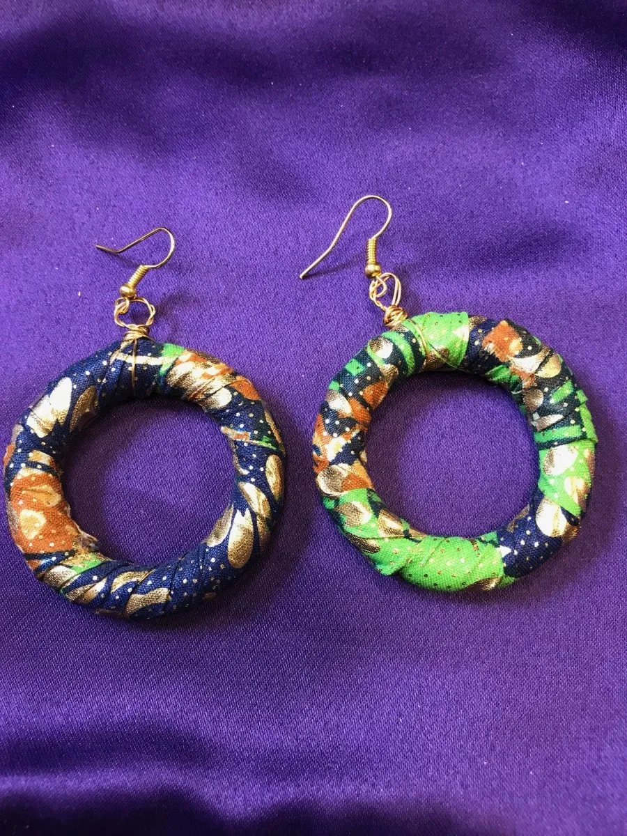 African Hoops in Gold Green Ankara Print - Up cycled Zero Waste Earrings