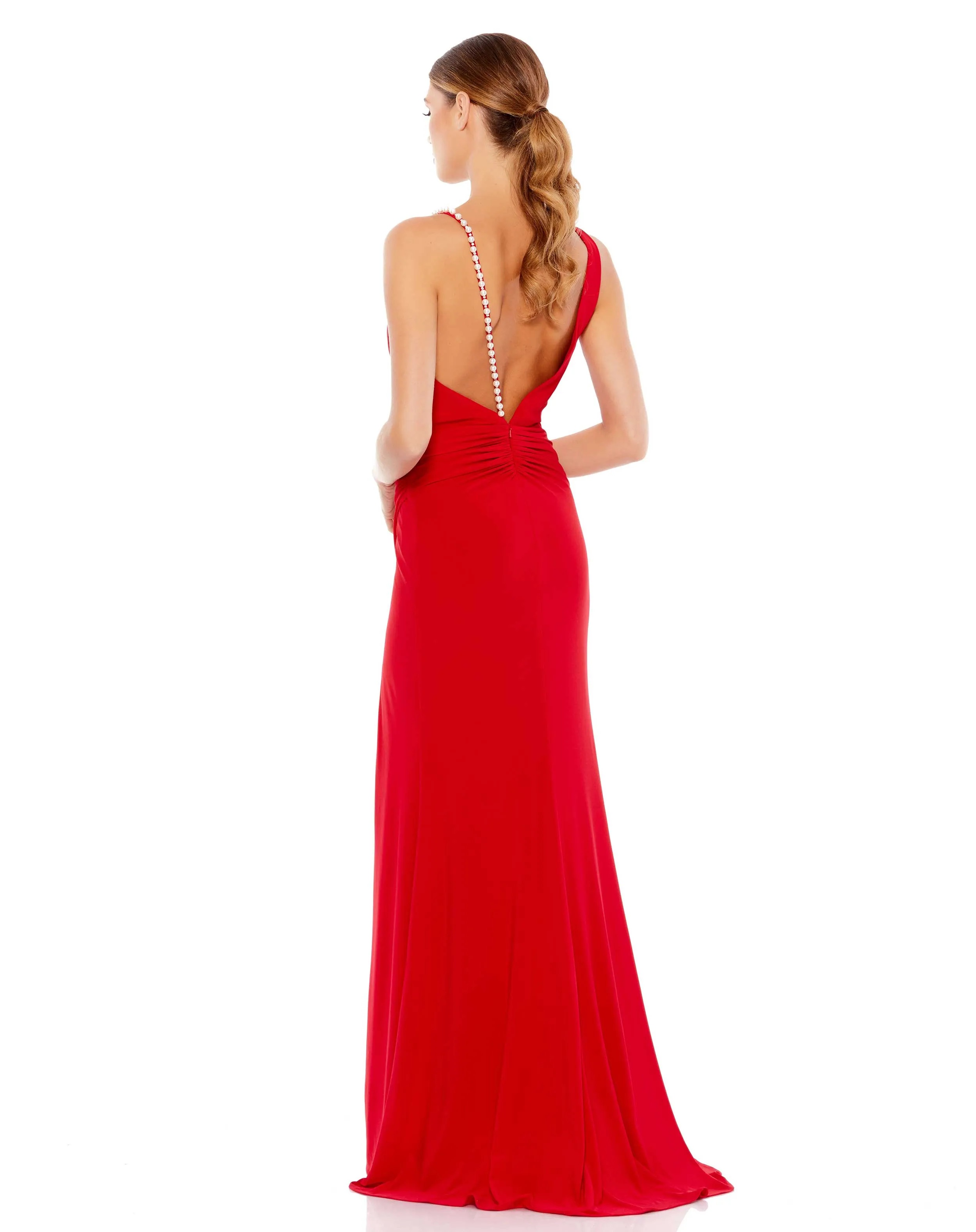 Asymmetrical Pearl Strap V-Neck Gown