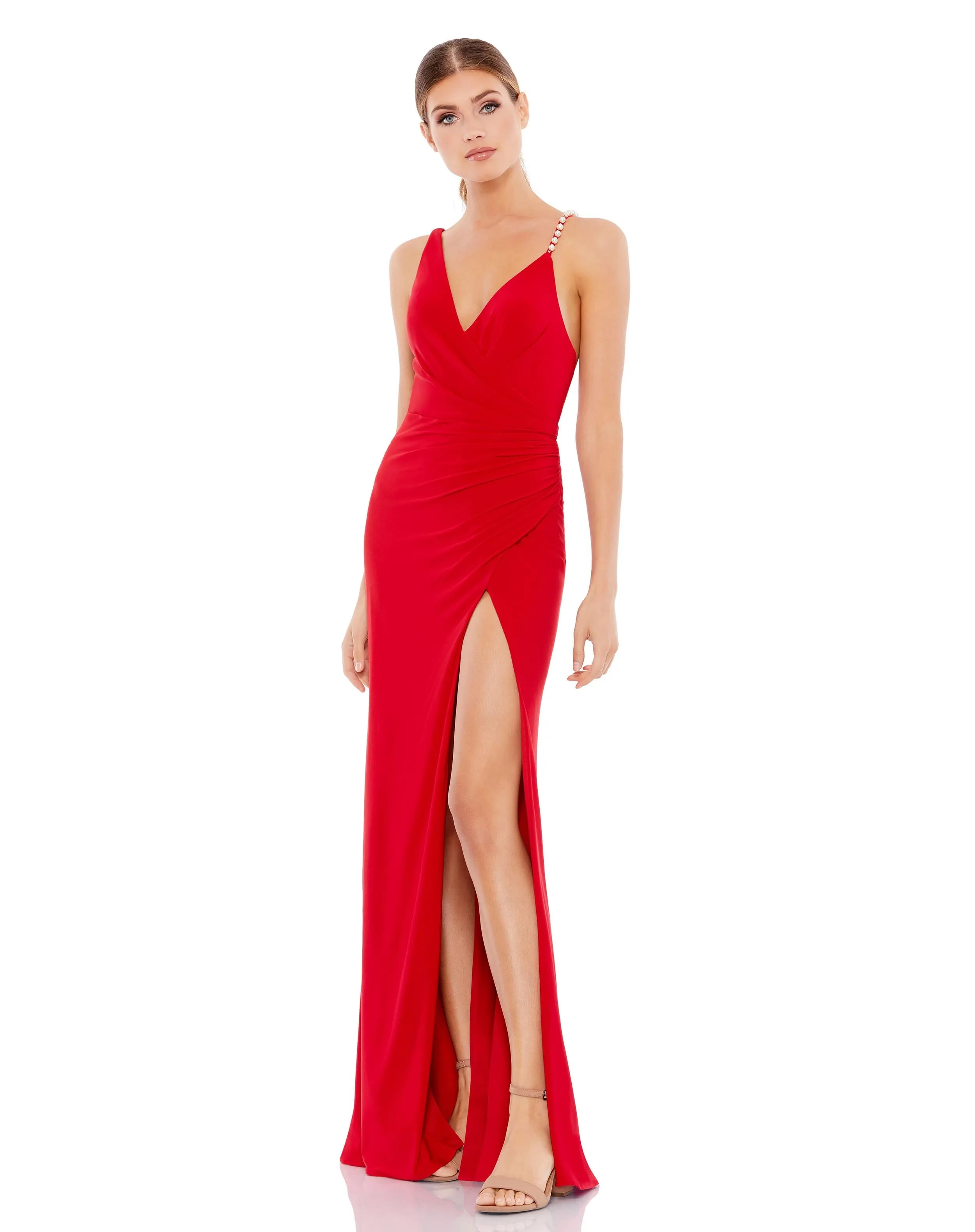 Asymmetrical Pearl Strap V-Neck Gown