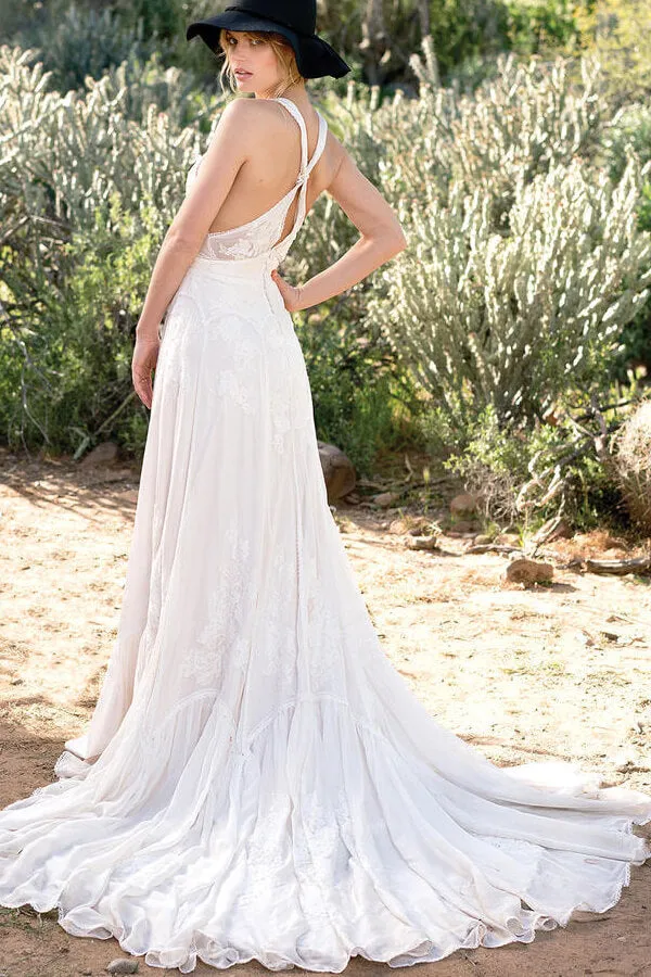 Awesome Long A-line V-neck Lace Chiffon Open Back Wedding Dress