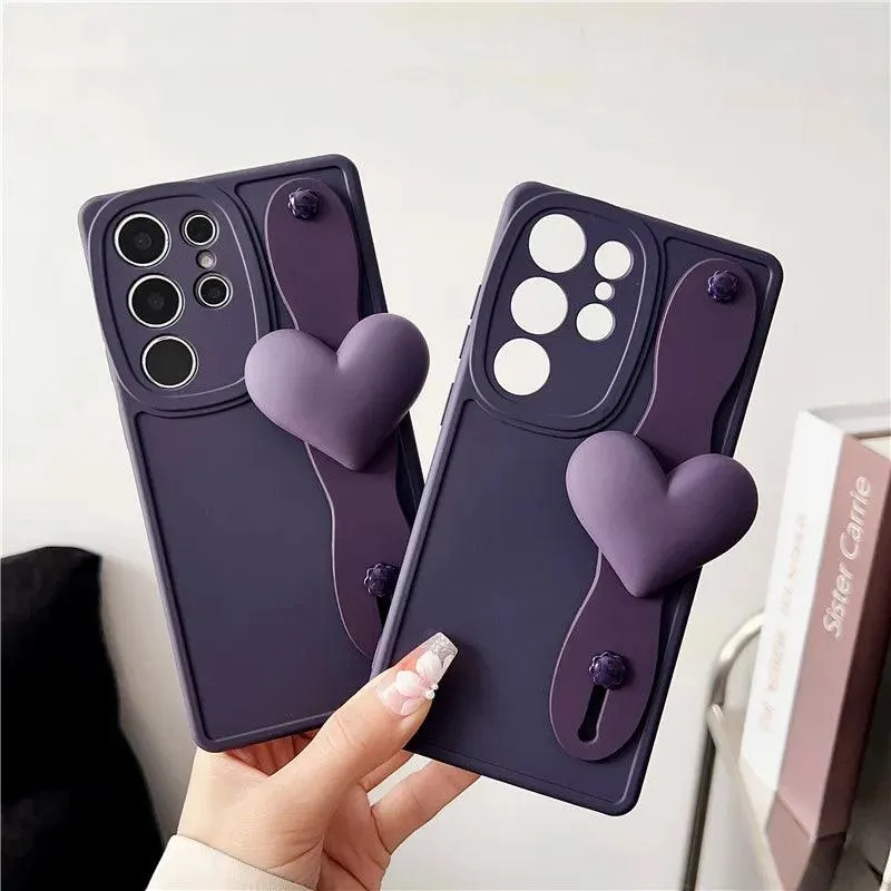 BCPC354 Cute Phone Case for Galaxy S23 Ultra, S22, S21, S20 FE, A54, 14, 24, 34, 53, M14, M54, 34, and F54 - Luxurious 3D Heart Design With Wrist Strap