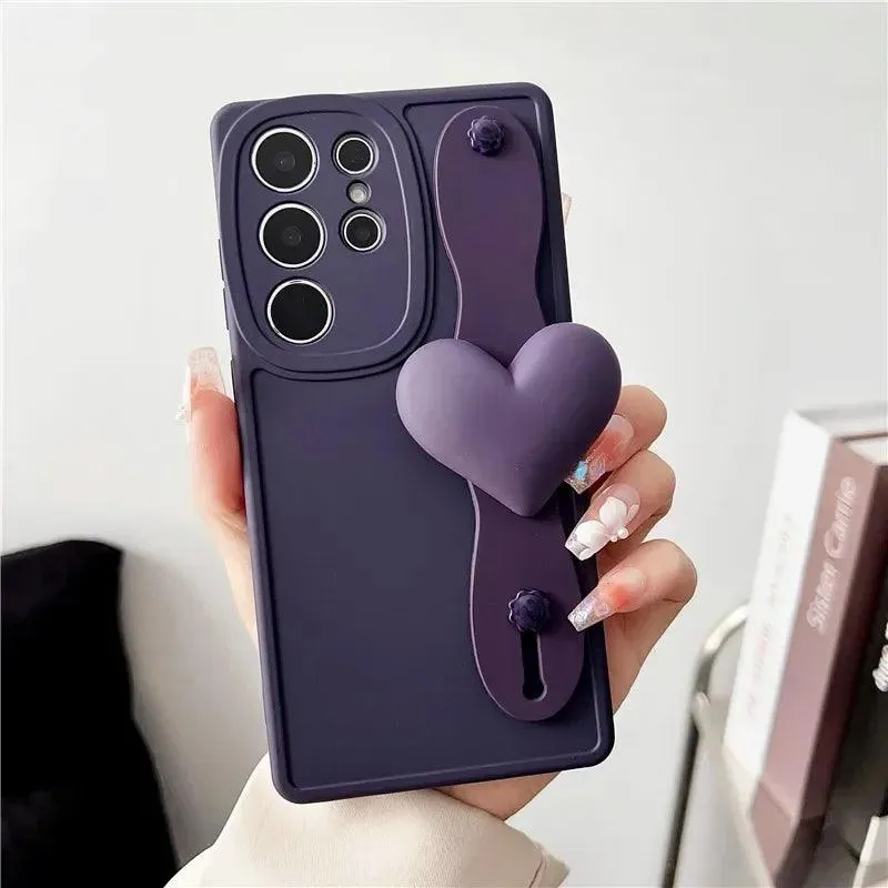 BCPC354 Cute Phone Case for Galaxy S23 Ultra, S22, S21, S20 FE, A54, 14, 24, 34, 53, M14, M54, 34, and F54 - Luxurious 3D Heart Design With Wrist Strap