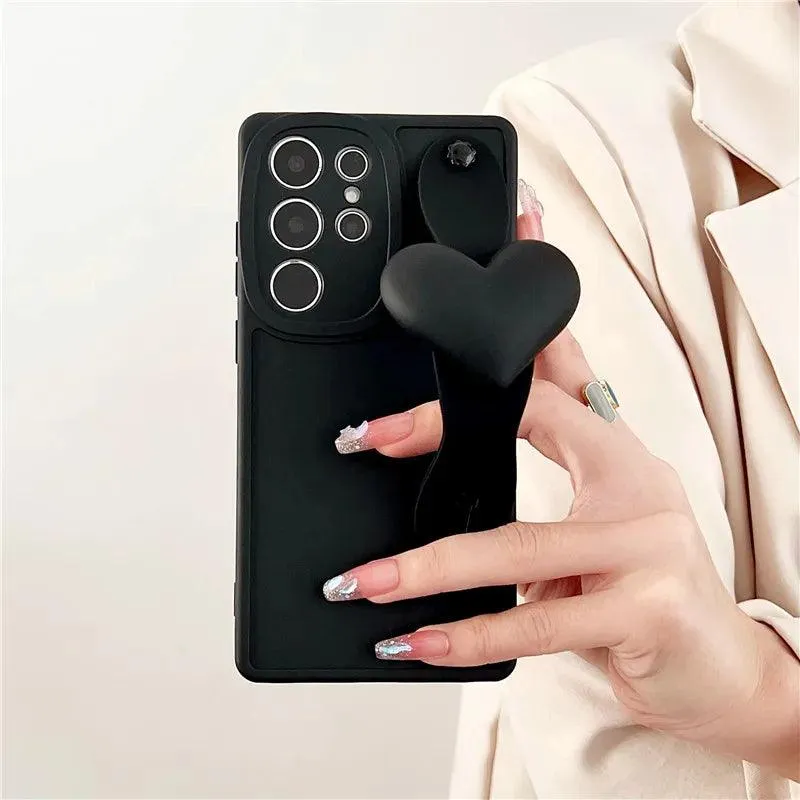 BCPC354 Cute Phone Case for Galaxy S23 Ultra, S22, S21, S20 FE, A54, 14, 24, 34, 53, M14, M54, 34, and F54 - Luxurious 3D Heart Design With Wrist Strap