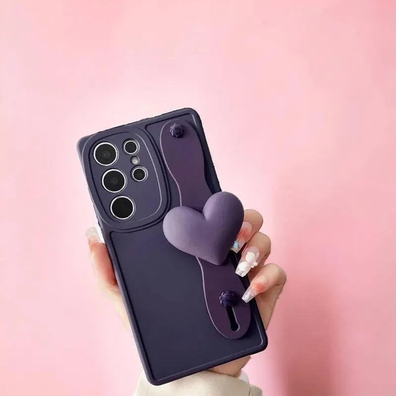 BCPC354 Cute Phone Case for Galaxy S23 Ultra, S22, S21, S20 FE, A54, 14, 24, 34, 53, M14, M54, 34, and F54 - Luxurious 3D Heart Design With Wrist Strap