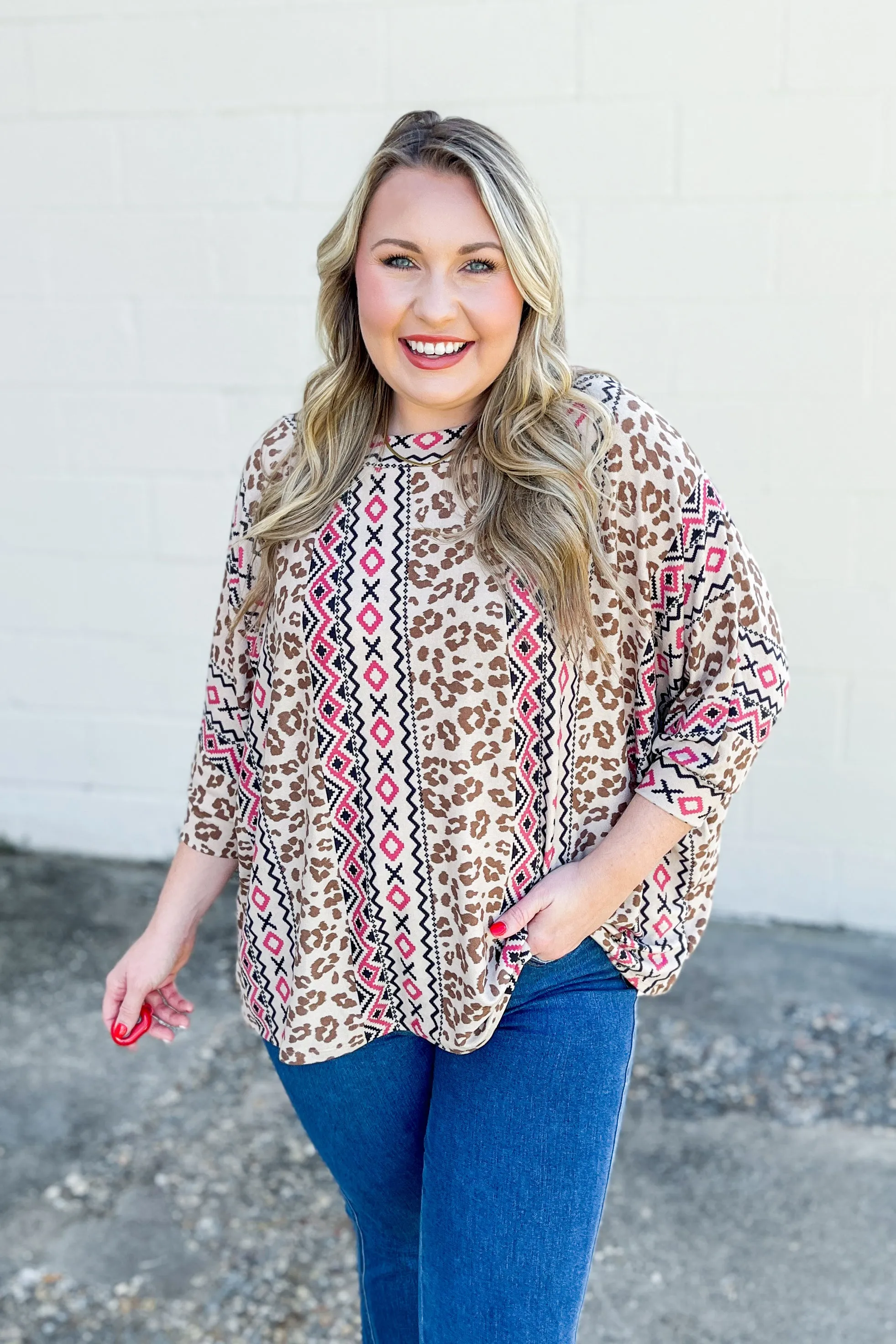 Being Yourself Mix Print Aztec Leopard Top