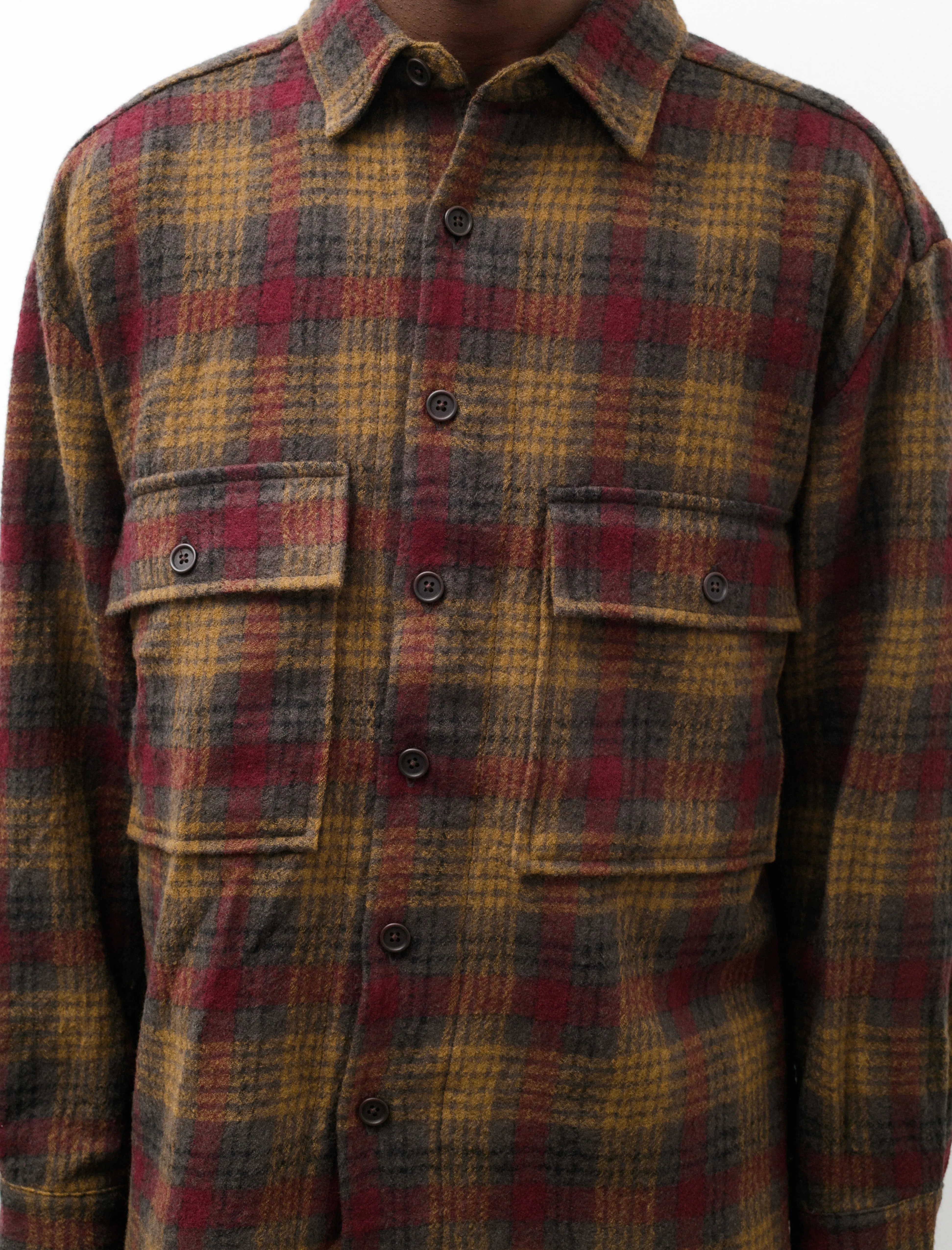 Big Shirt Wool Gauze Check Dark Olive Burgundy