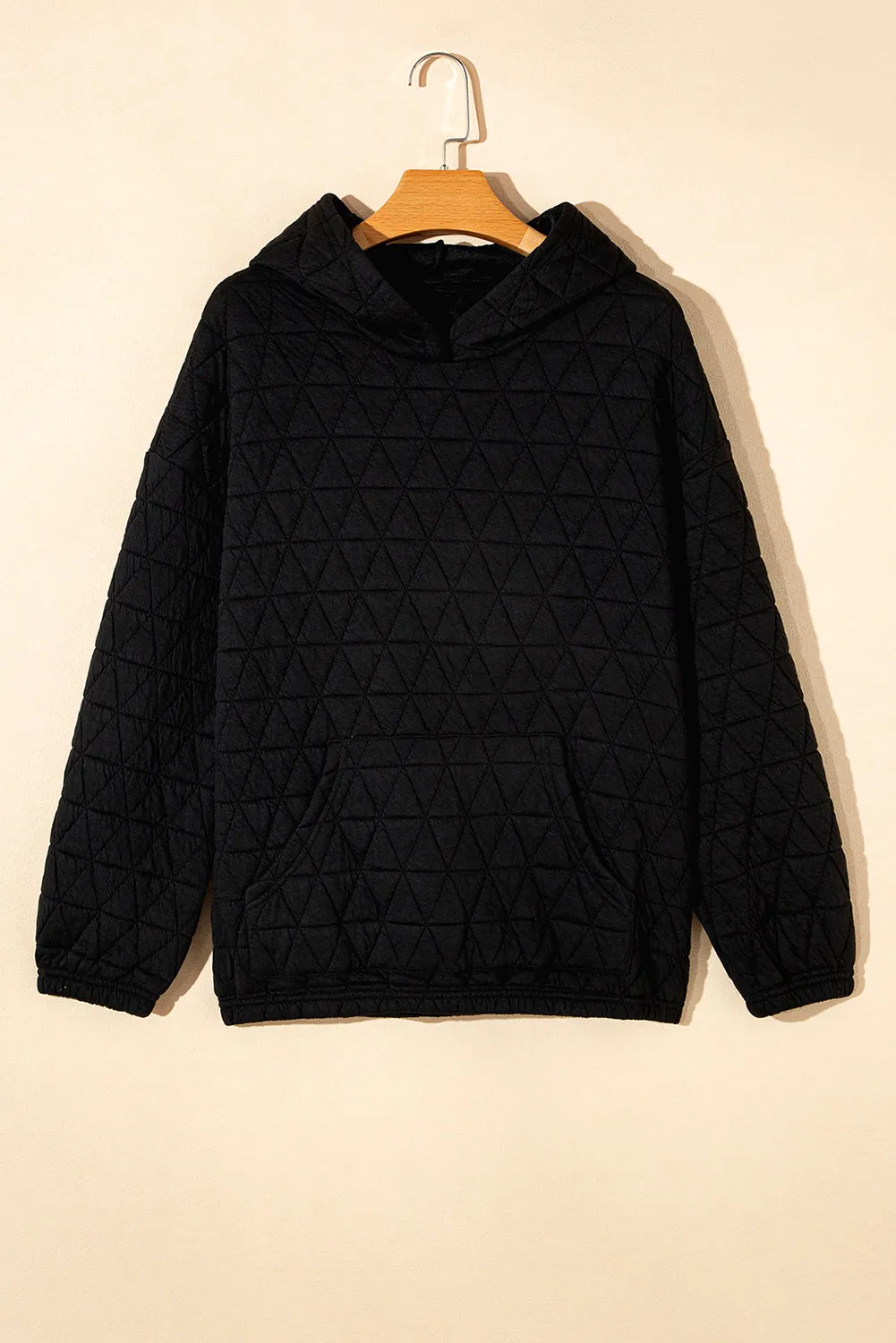 Black Solid Color Quilted Kangaroo Pocket Hoodie