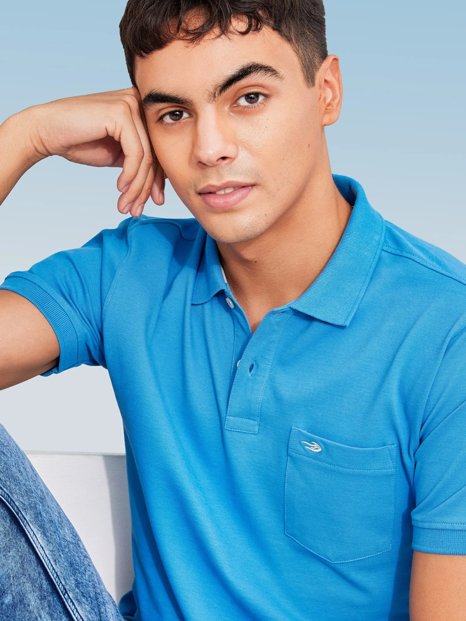 Blue Solid Stretch Polo T-Shirt