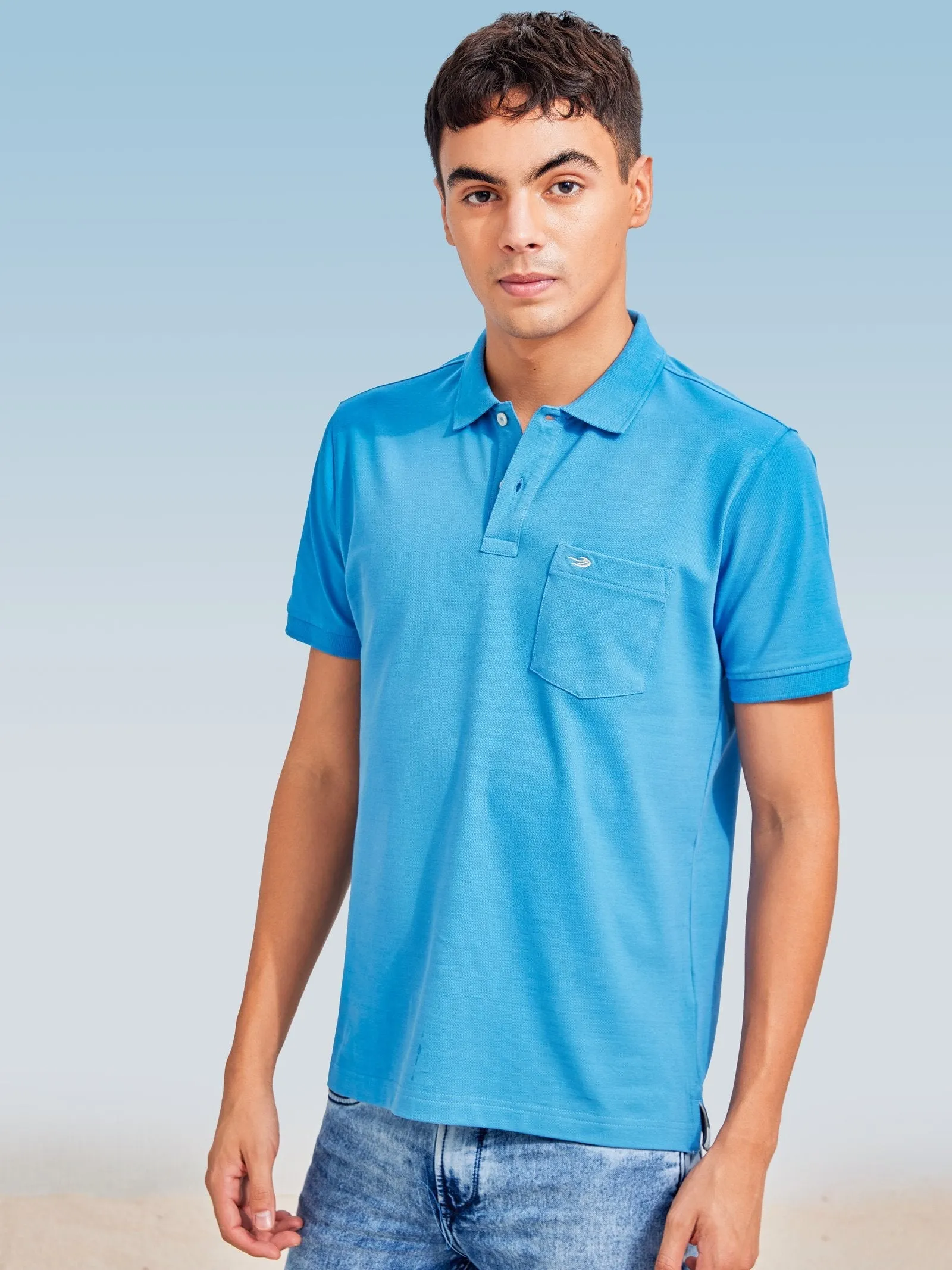 Blue Solid Stretch Polo T-Shirt