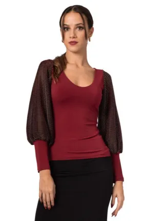 Burgundy Top With Long Lamé Split Sleeves