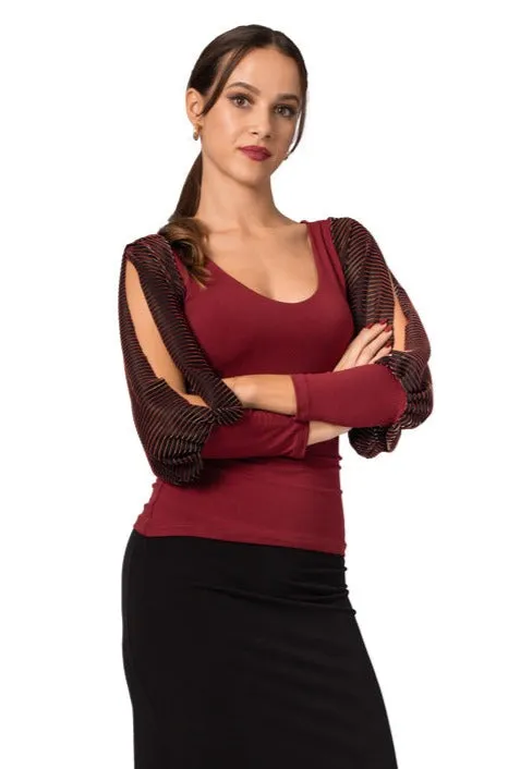 Burgundy Top With Long Lamé Split Sleeves