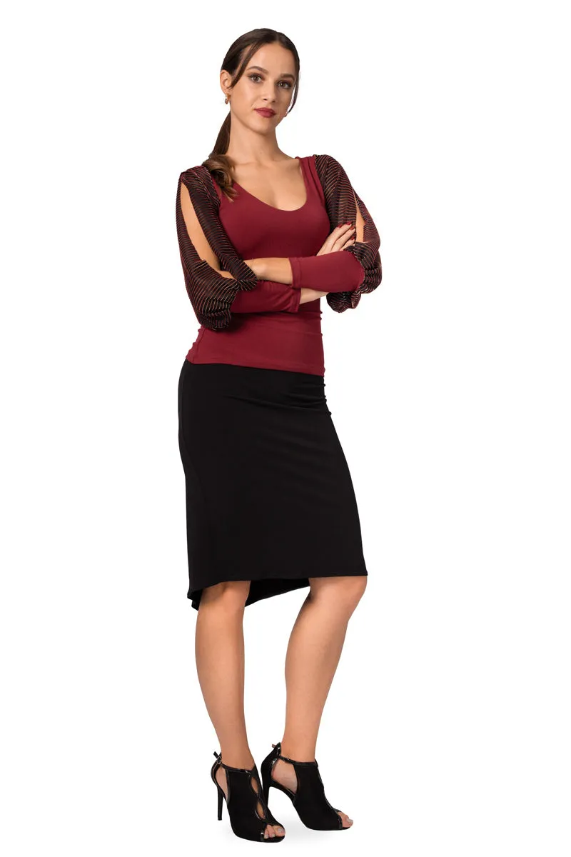 Burgundy Top With Long Lamé Split Sleeves