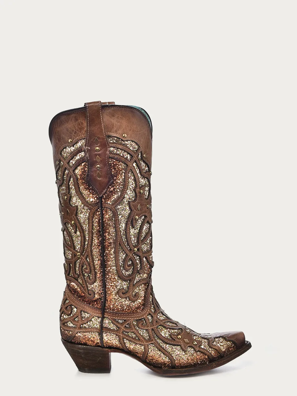 C3331 - WOMEN'S ORIX GLITTERED INLAY AND STUDS BROWN SNIP TOE COWBOY BOOT