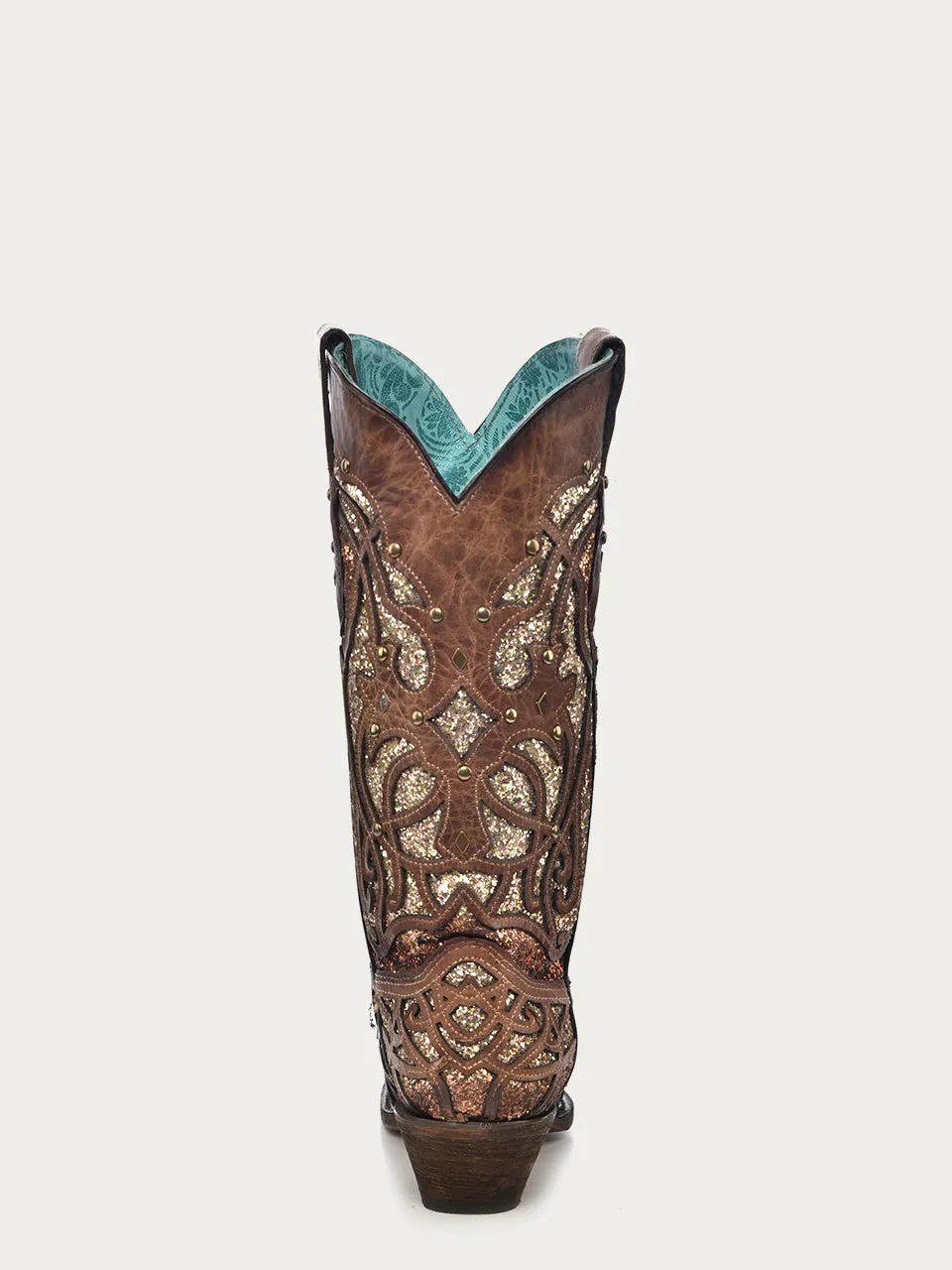 C3331 - WOMEN'S ORIX GLITTERED INLAY AND STUDS BROWN SNIP TOE COWBOY BOOT