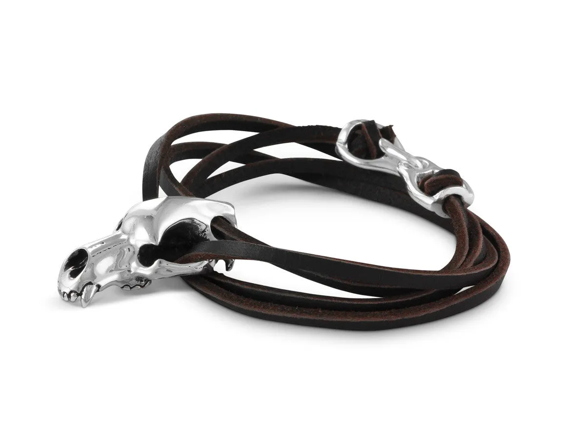 Cave Bear Skull Leather Bracelet - Silver