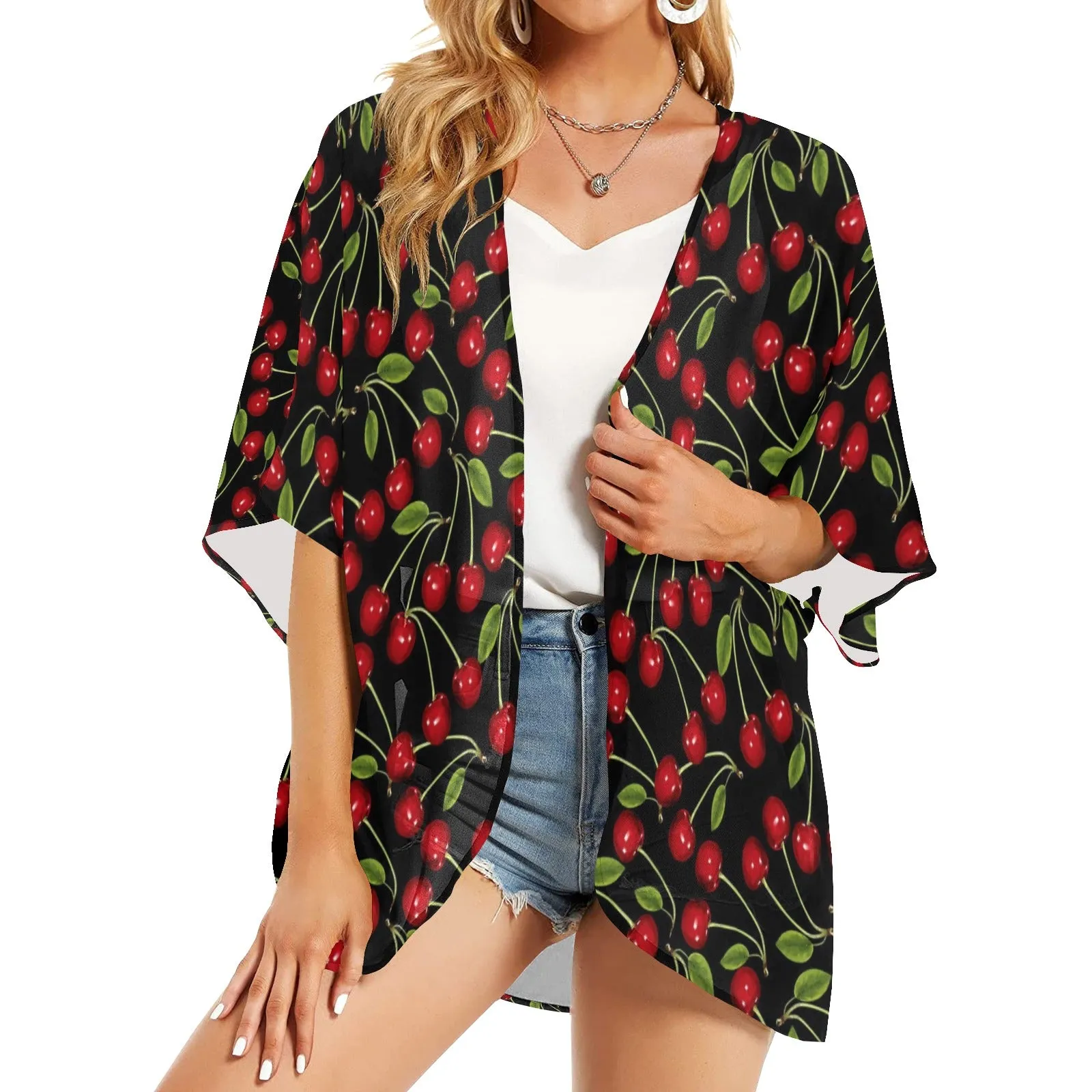 CHERRY BOMBERS 5 Women's Kimono Chiffon Cover Up (Model H51)