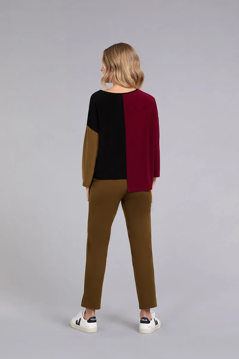 Colour Block Etch V-Neck Top | BStone/Black/Tobacco