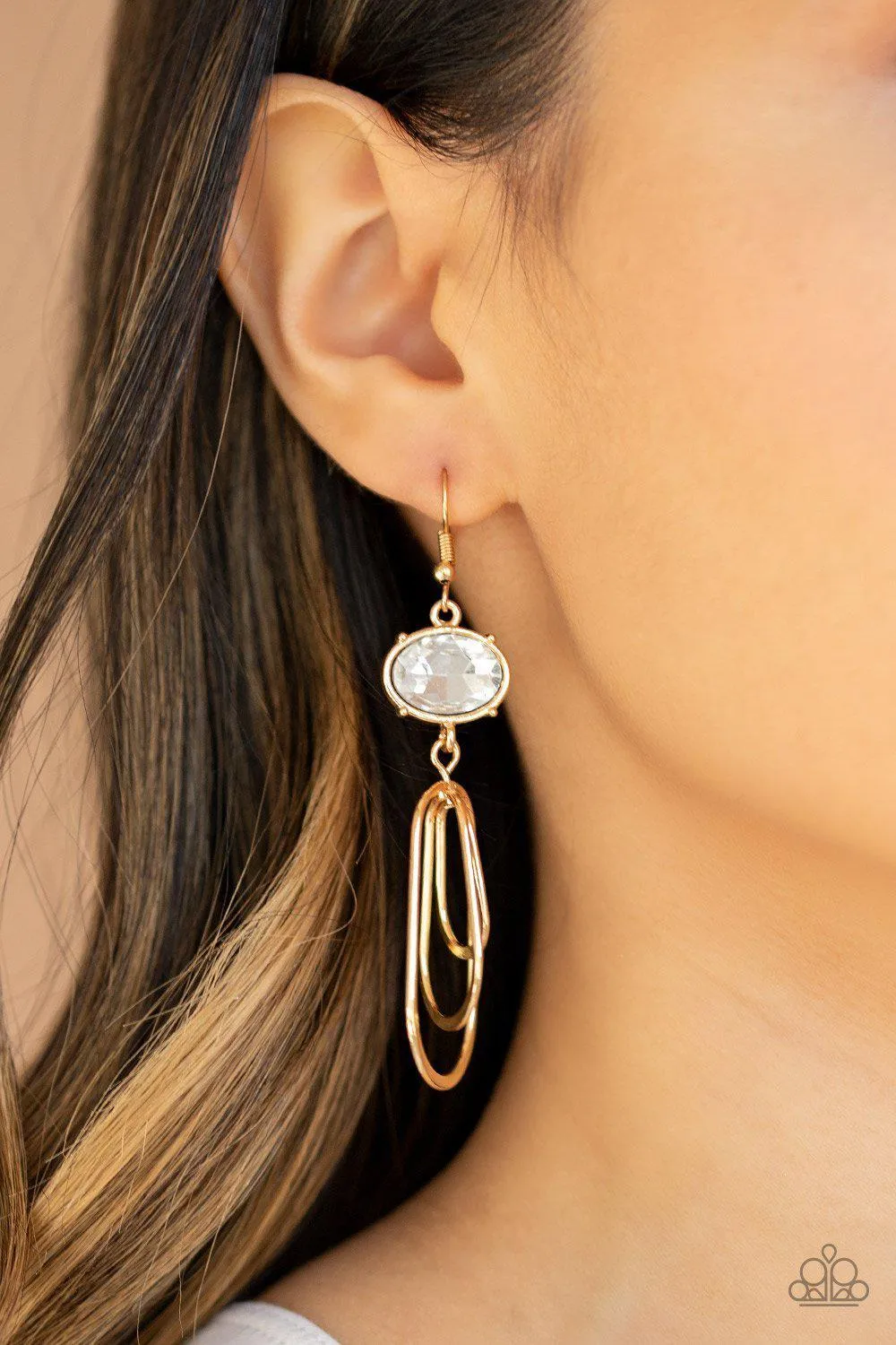 Drop-Dead Glamorous Gold and White Rhinestone Earrings - Paparazzi Accessories