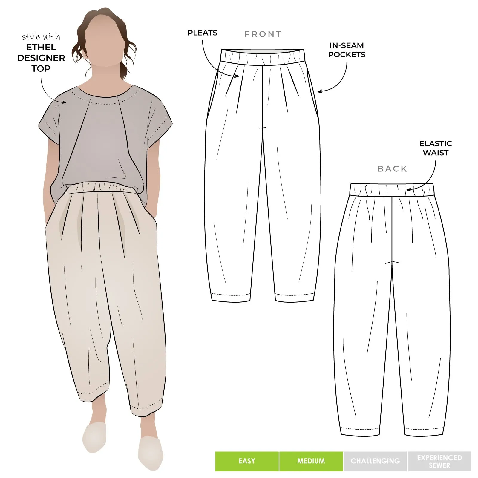 Ethel Designer Gaucho Pants Sewing Pattern by Style Arc, US Sizes 0-26