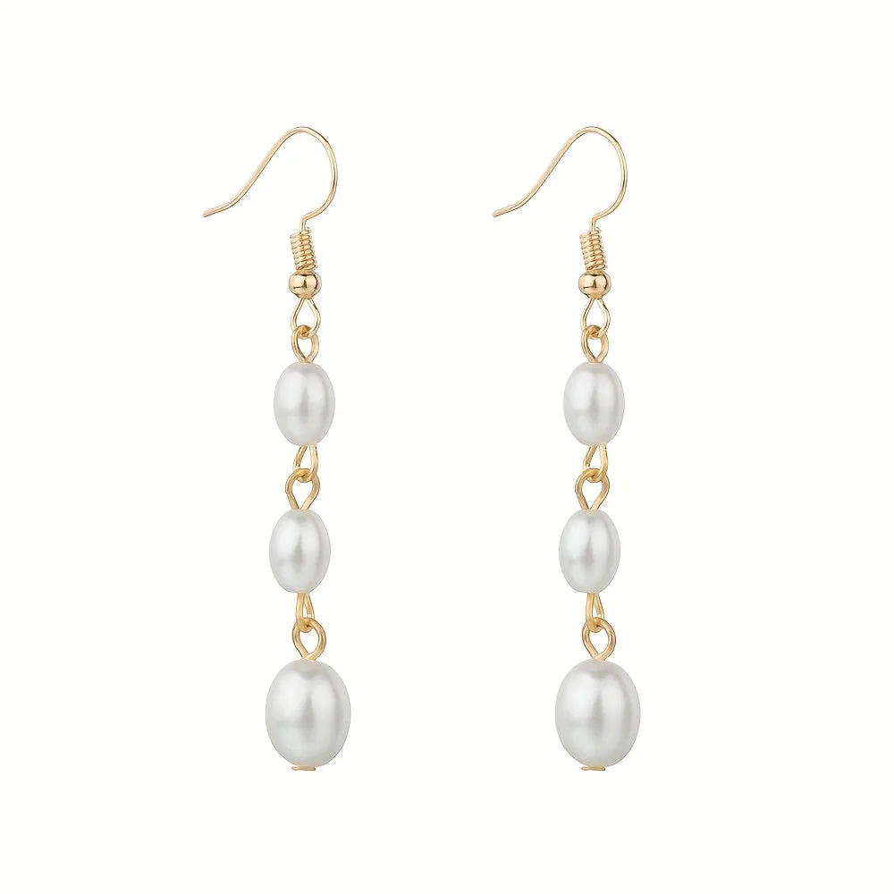 Exquisite Faux Pearl Decor Long Dangle Earrings Retro Elegant Style Plastic Jewelry Wedding Banquet Party Accessories