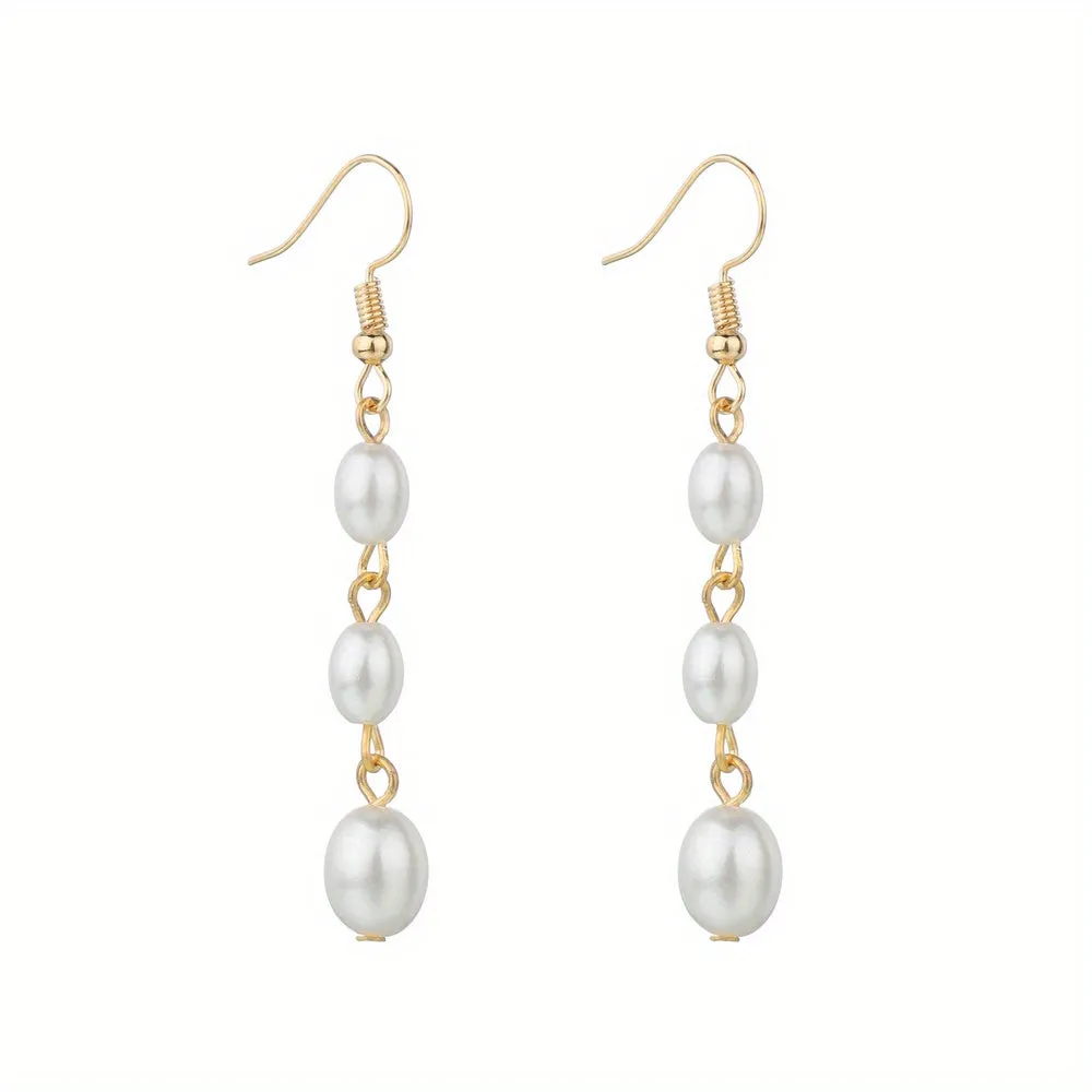 Exquisite Faux Pearl Decor Long Dangle Earrings Retro Elegant Style Plastic Jewelry Wedding Banquet Party Accessories