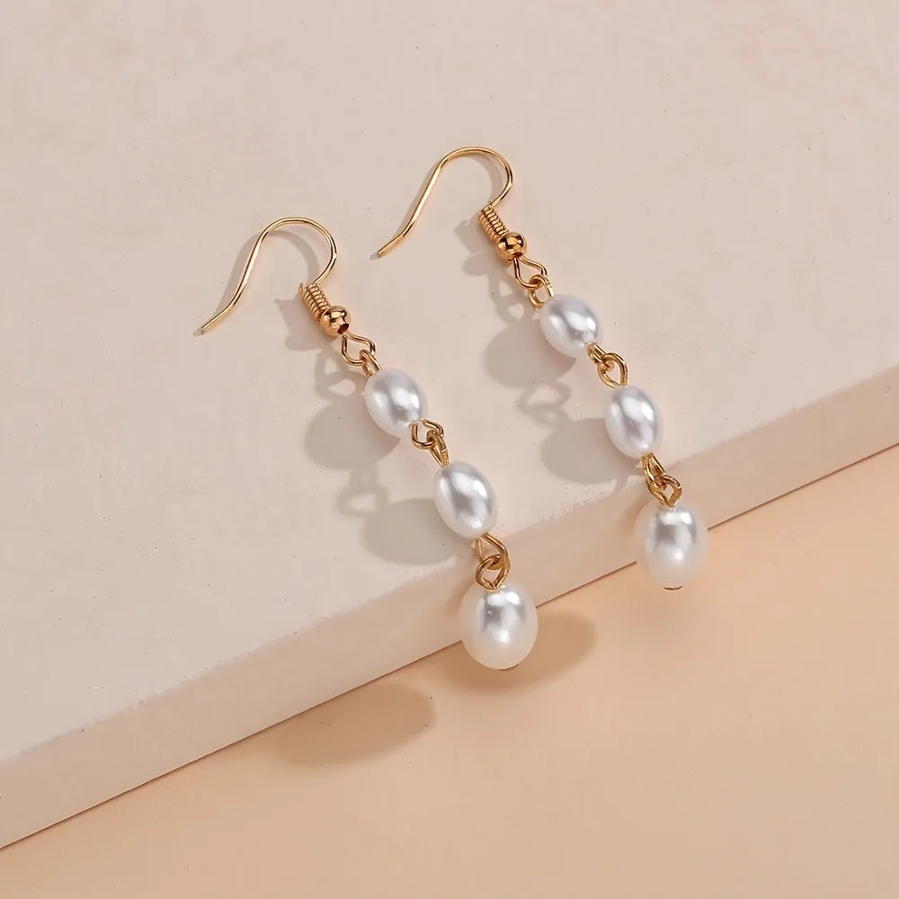 Exquisite Faux Pearl Decor Long Dangle Earrings Retro Elegant Style Plastic Jewelry Wedding Banquet Party Accessories