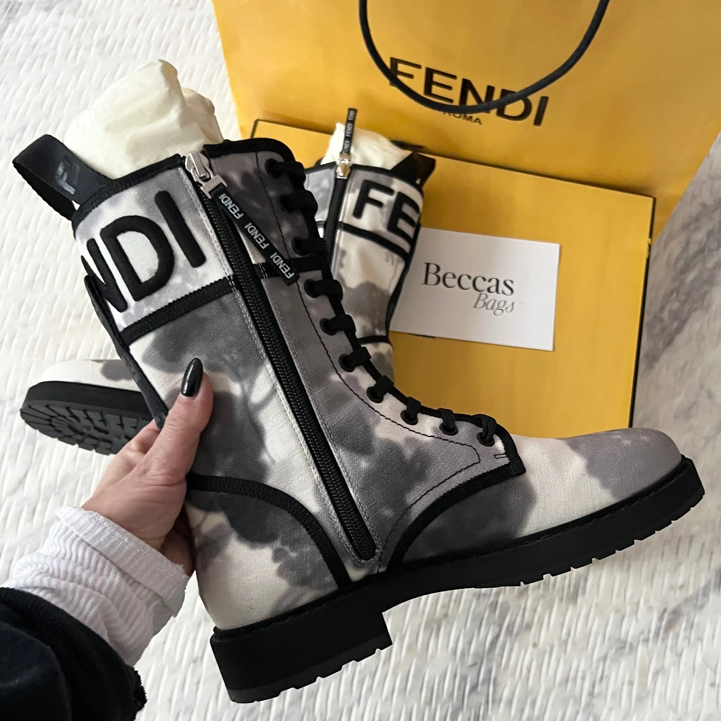 Fendi Grey Canvas Biker Boots