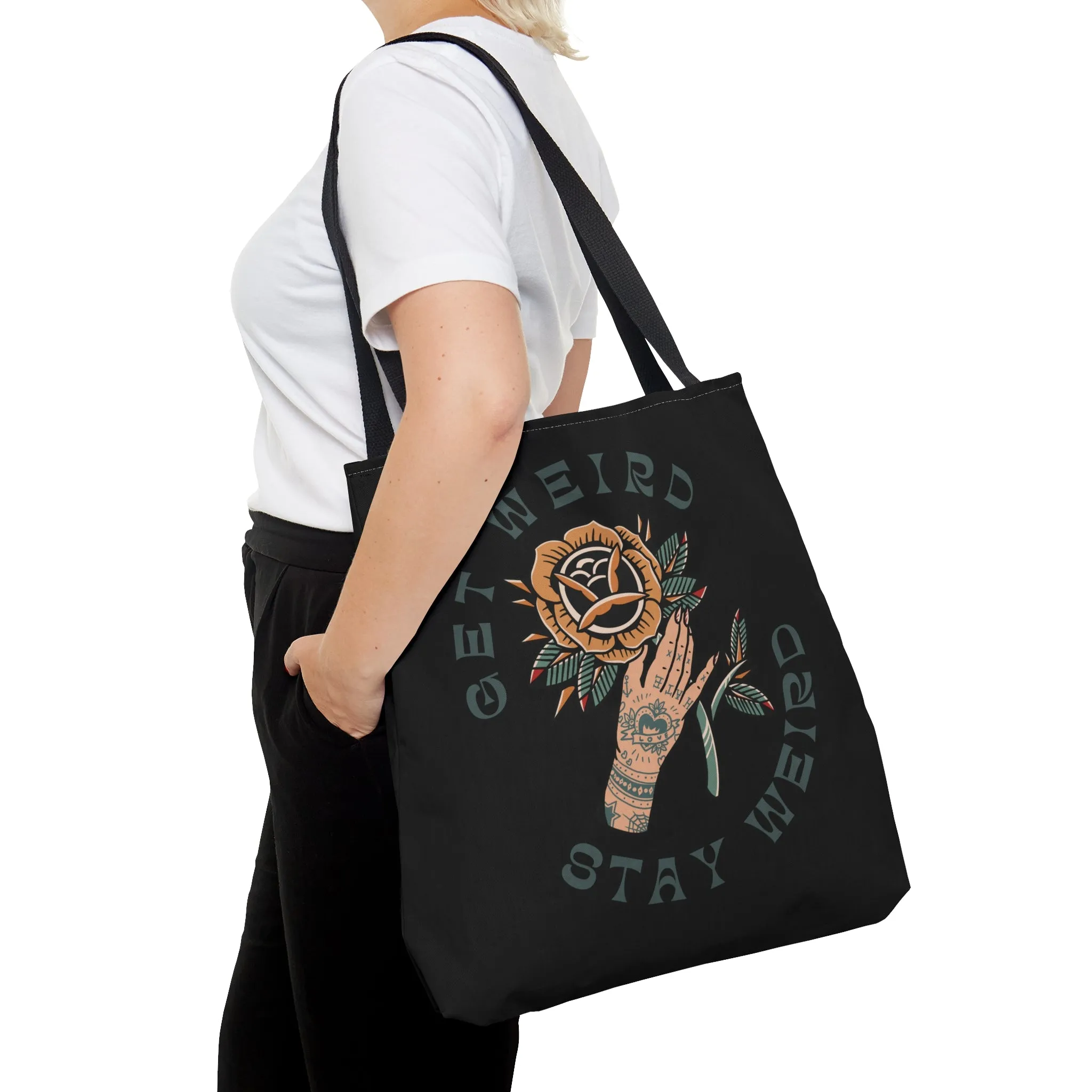 Get Weird Stay Weird Tattoo Tote Bag in Black / Vintage American Old School Traditional Tattoo Flash  / Punk Rock Beach Shopping