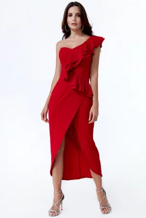 Goddiva One Shoulder Frill Maxi Dress