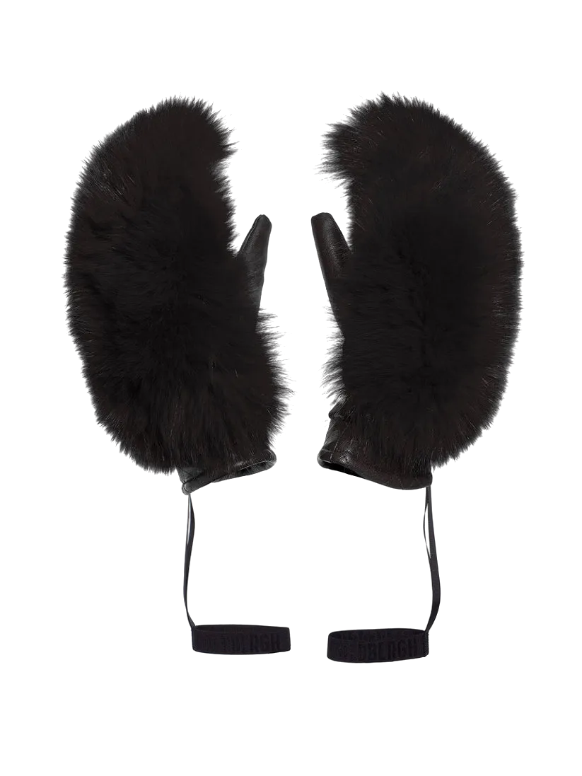 Goldbergh Waterproof breathable Black Real Leather / Faux Fur Hill Mittens with wrist straps SZ 7.5  L