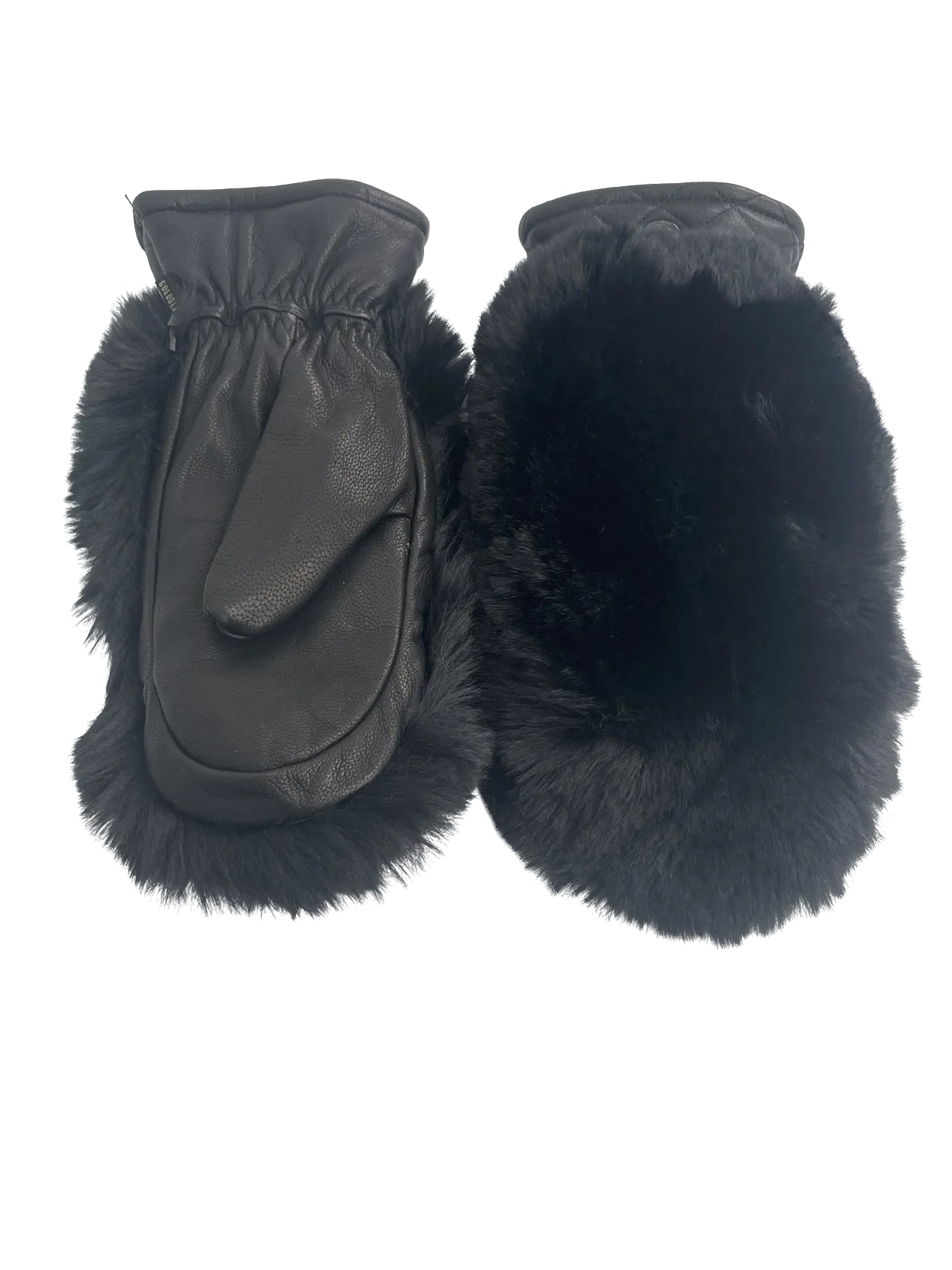 Goldbergh Waterproof breathable Black Real Leather / Faux Fur Hill Mittens with wrist straps SZ 7.5  L