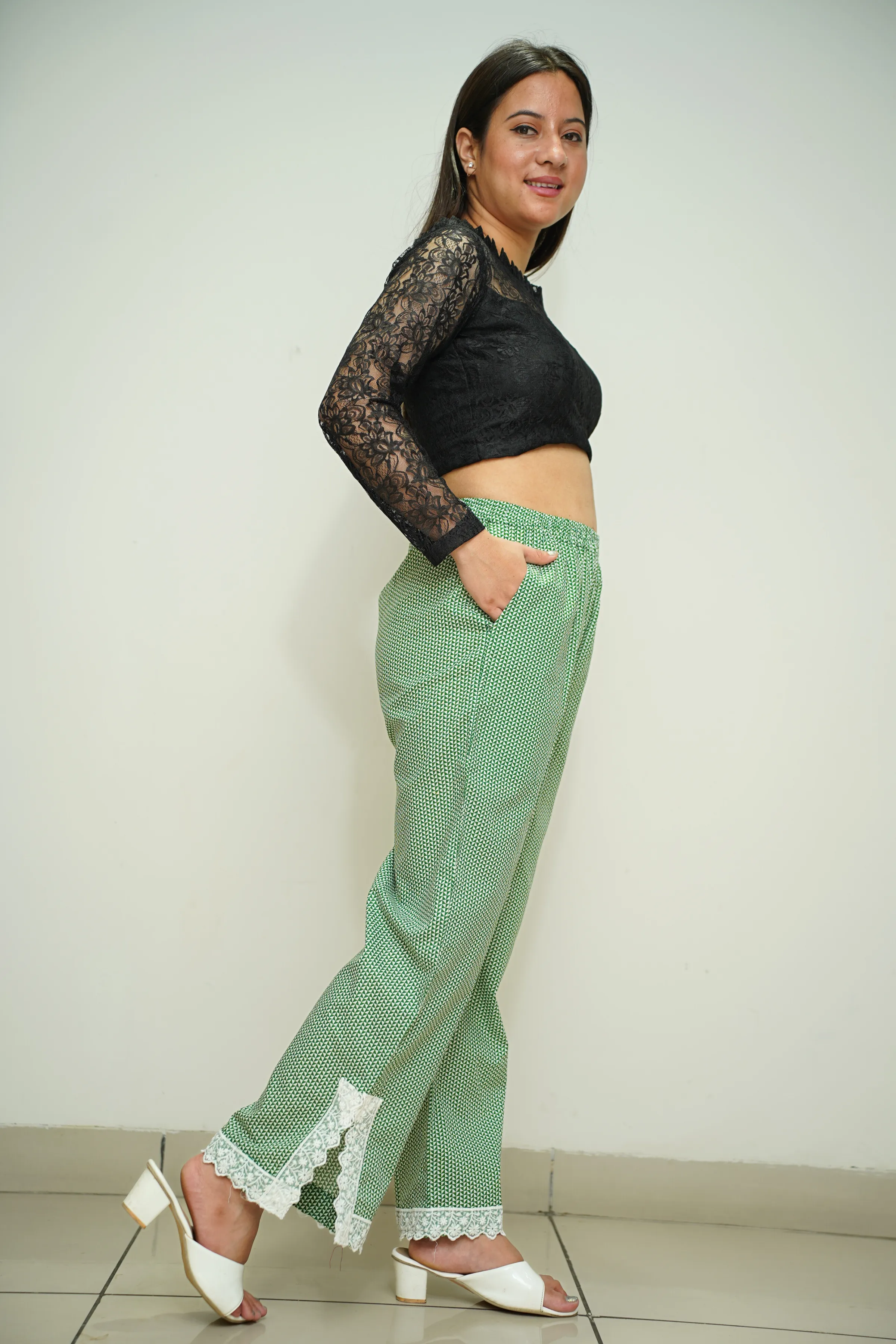 Green Printed Detailed Cotton Pants