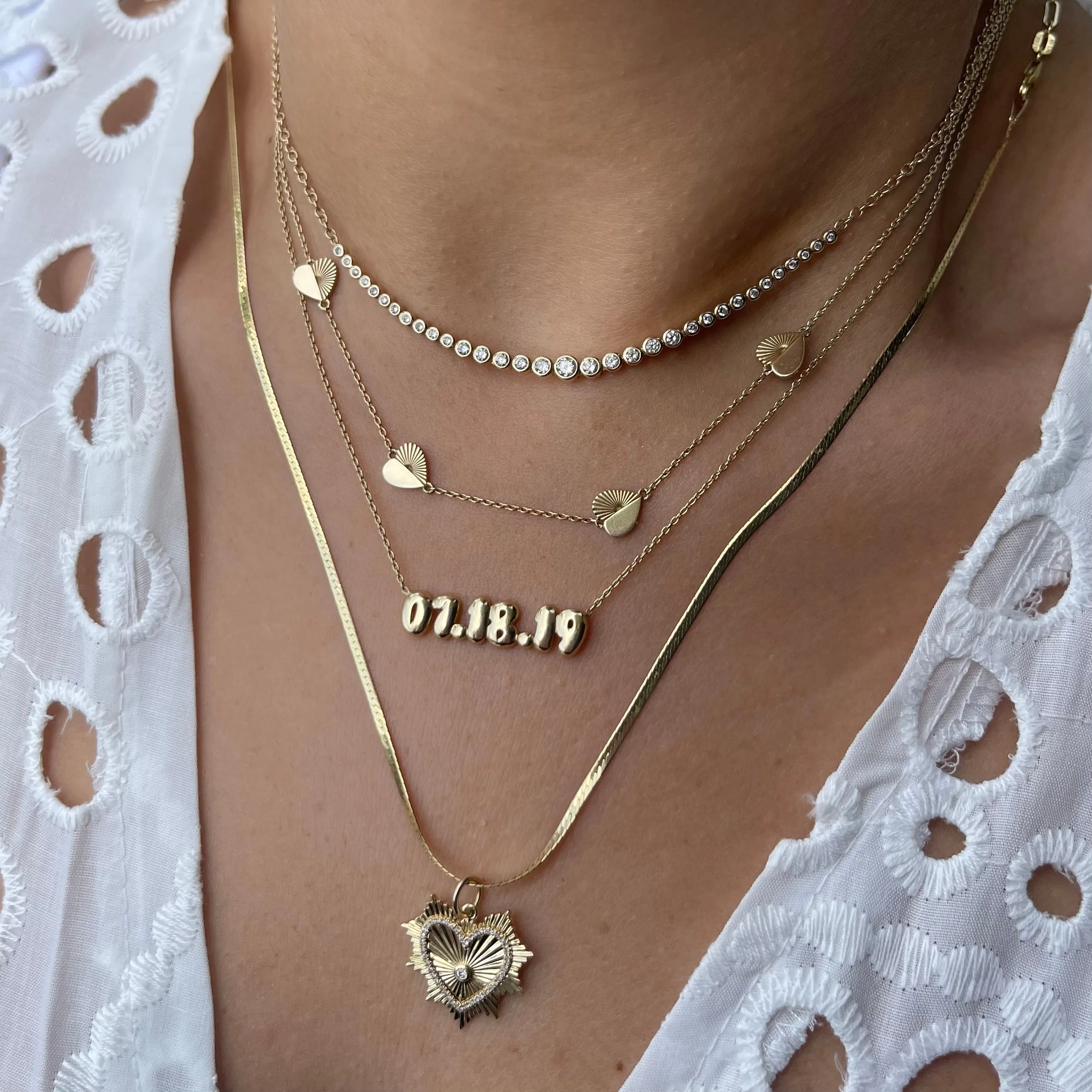 Half Fluted Half Solid Station Heart Necklace