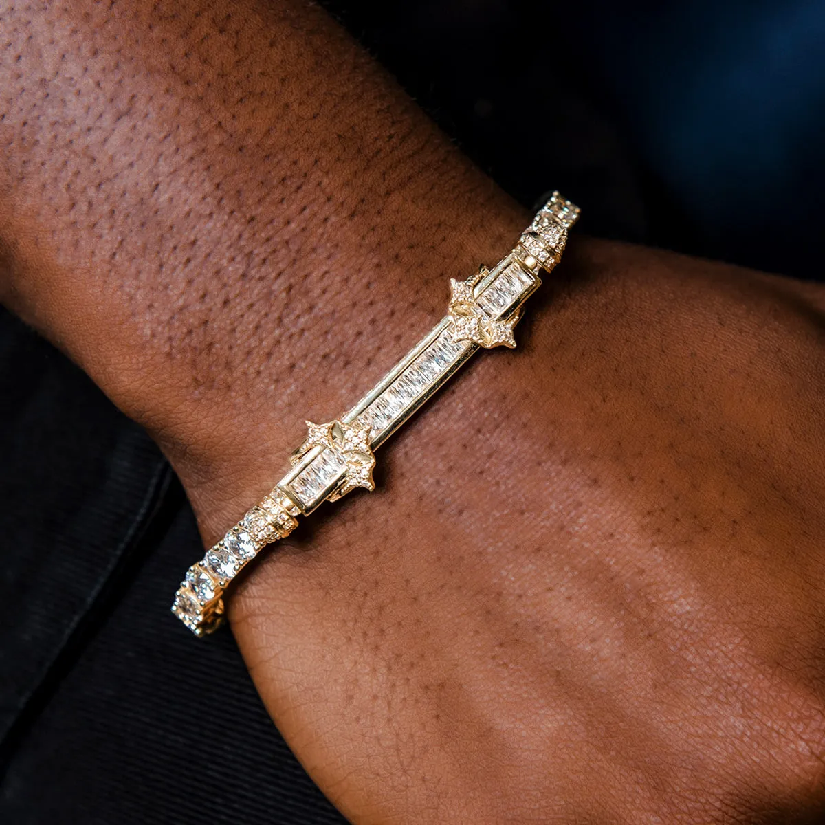 Iced Baguette Bar Bracelet in Yellow Gold