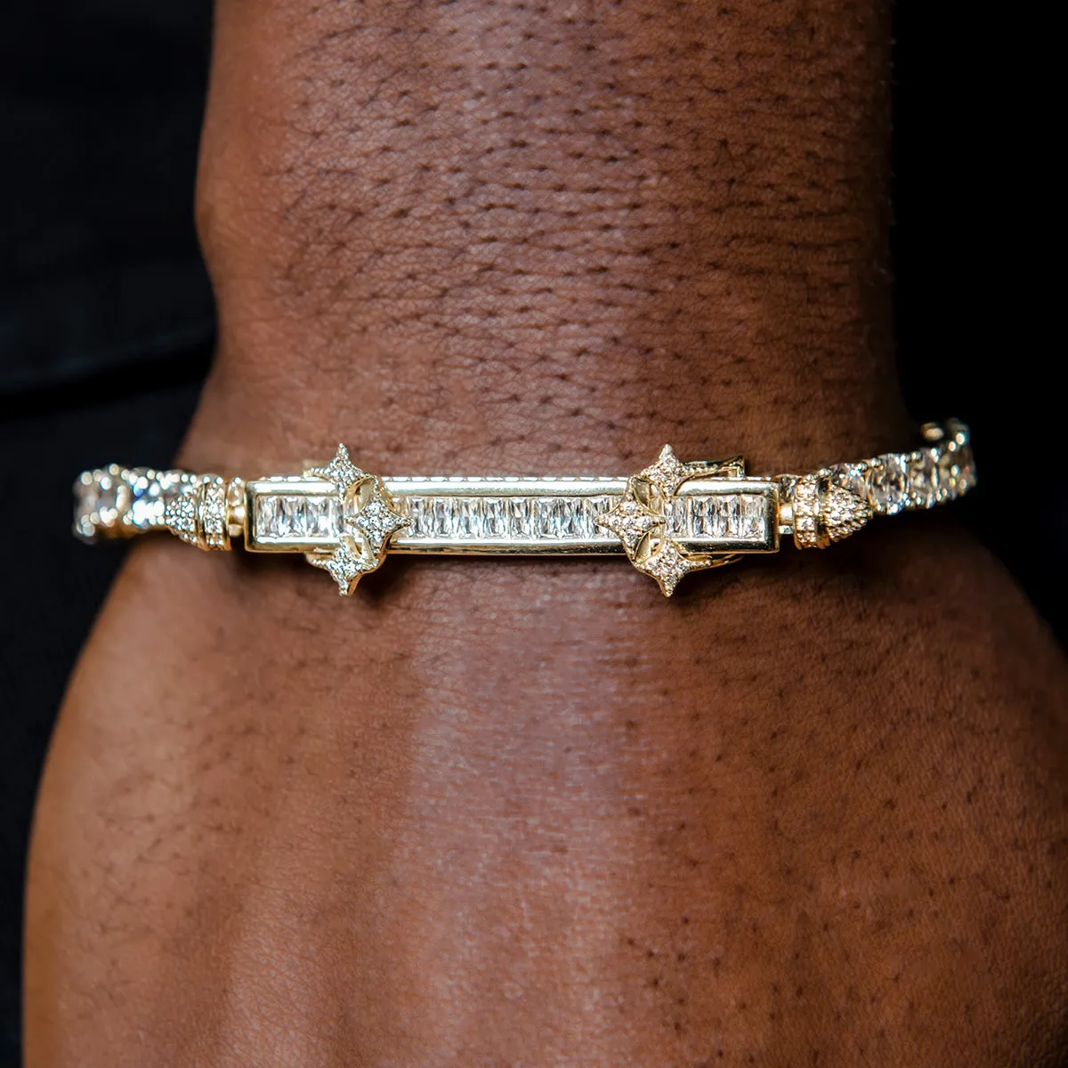 Iced Baguette Bar Bracelet in Yellow Gold