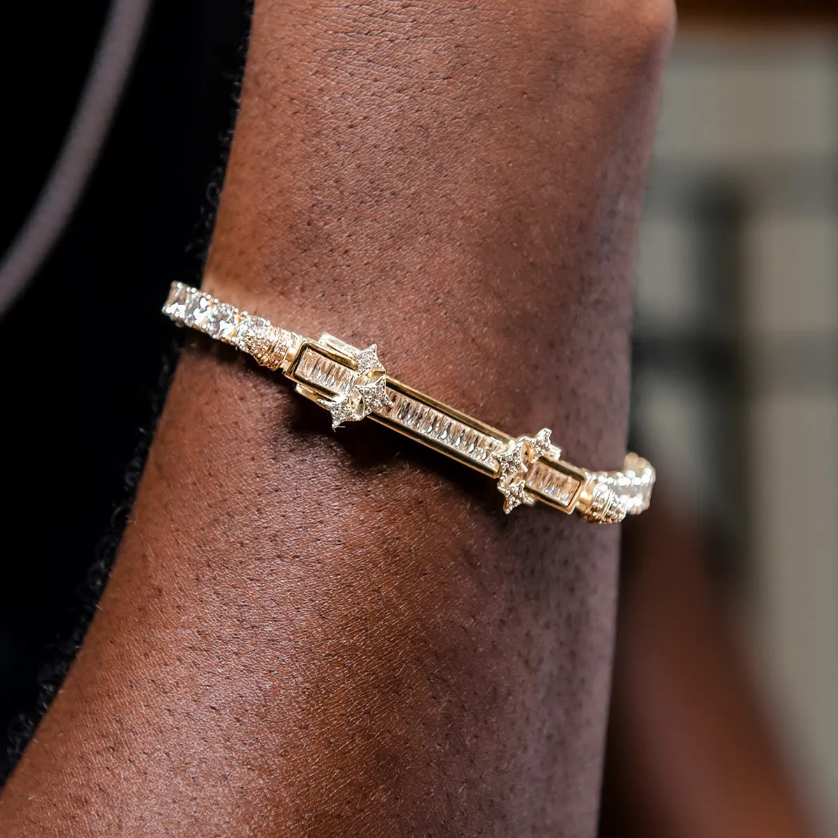 Iced Baguette Bar Bracelet in Yellow Gold