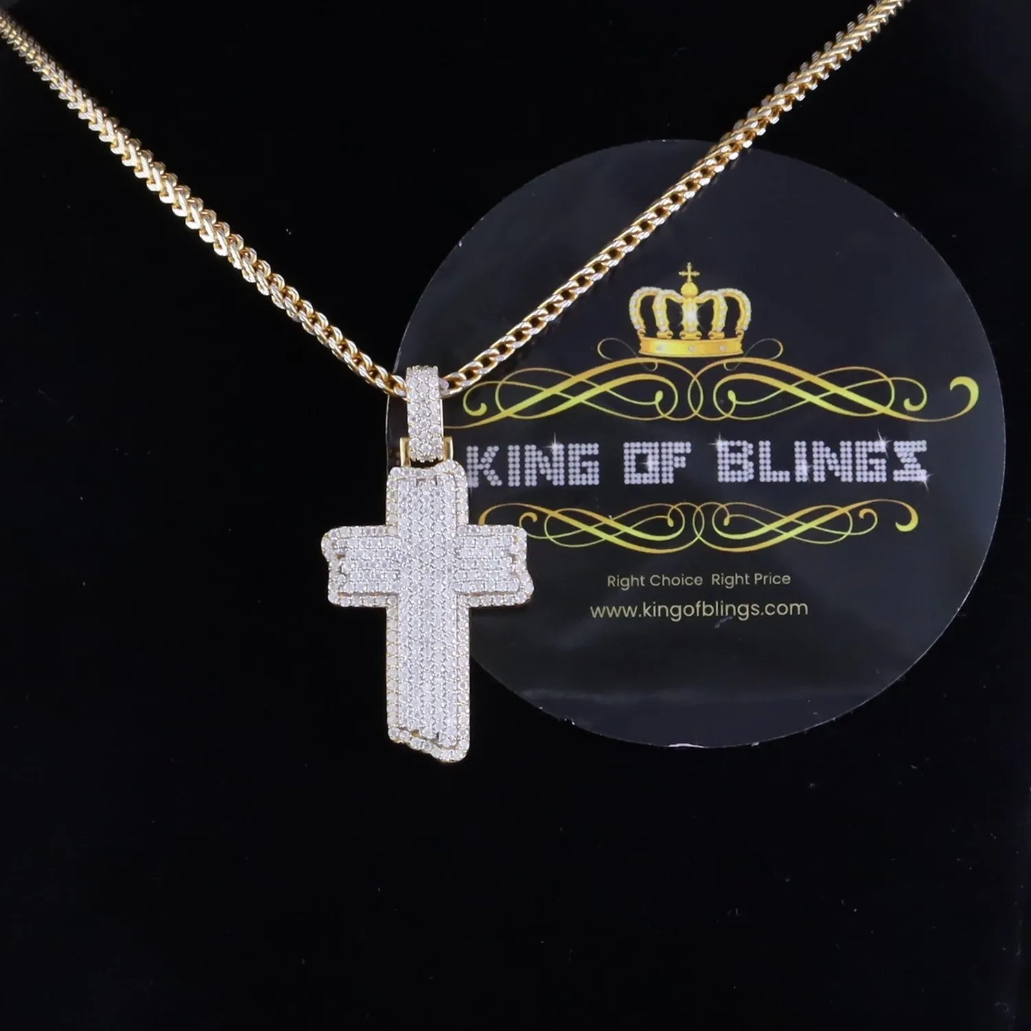 King Of Bling's Men's & Women 3.0ct VVS D Moissanite Yellow Sterling Silver Charm Cross Pendant