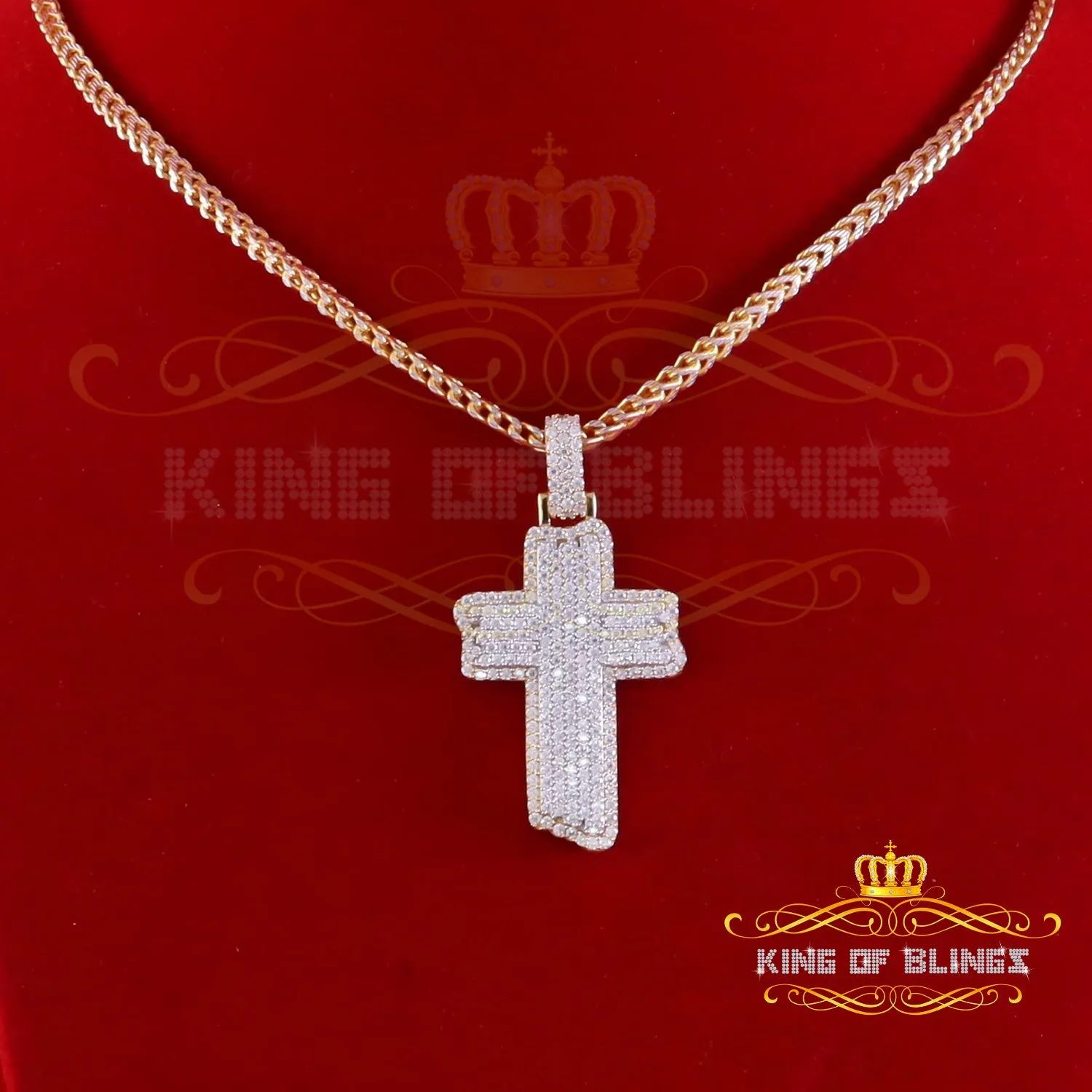 King Of Bling's Men's & Women 3.0ct VVS D Moissanite Yellow Sterling Silver Charm Cross Pendant