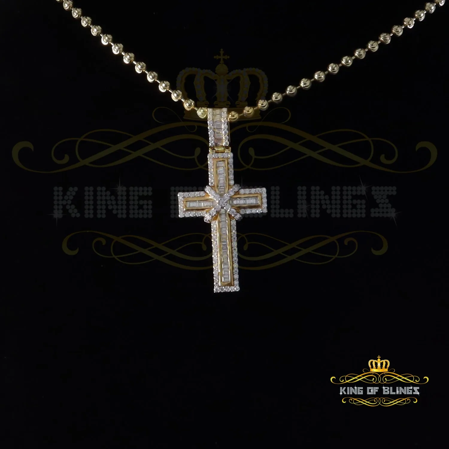 King Of Bling's Women's Yellow 925 Silver 2.0ct VVS D Clr. Moissanite Baguette Cross Pendant for