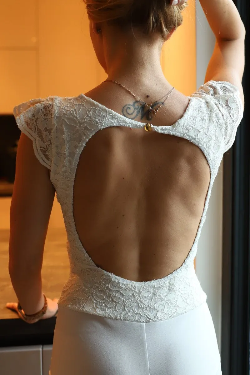 Lace Bodysuit With Open Back and Cap Sleeves