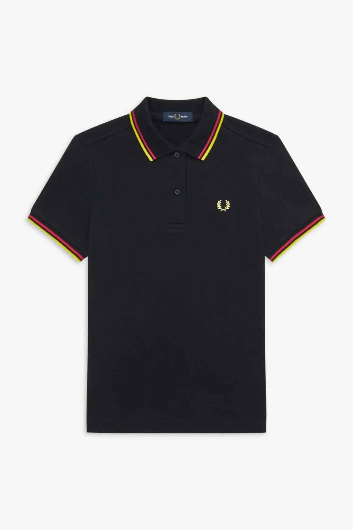 LADIES TWIN TIPPED FRED PERRY SHIRT (BLACK/LOVE POTION/GOLDEN KIWI)